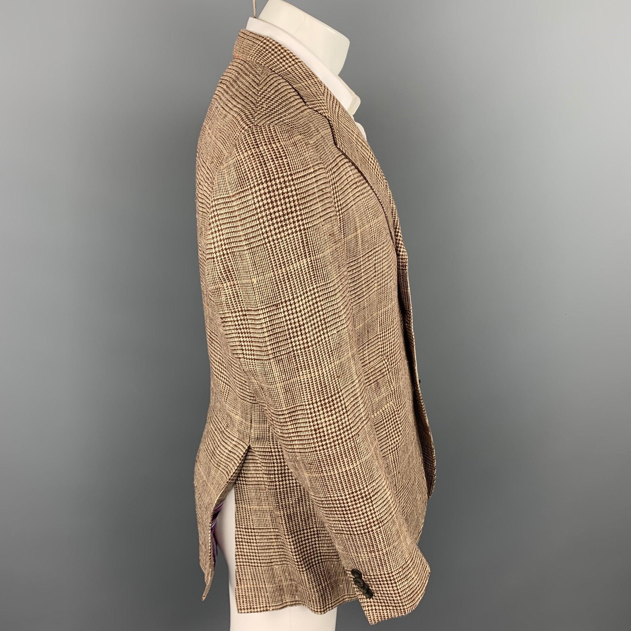 ETRO Size 40 Brown & Beige Plaid Silk / Linen Notch Lapel Sport Coat In Good Condition For Sale In San Francisco, CA