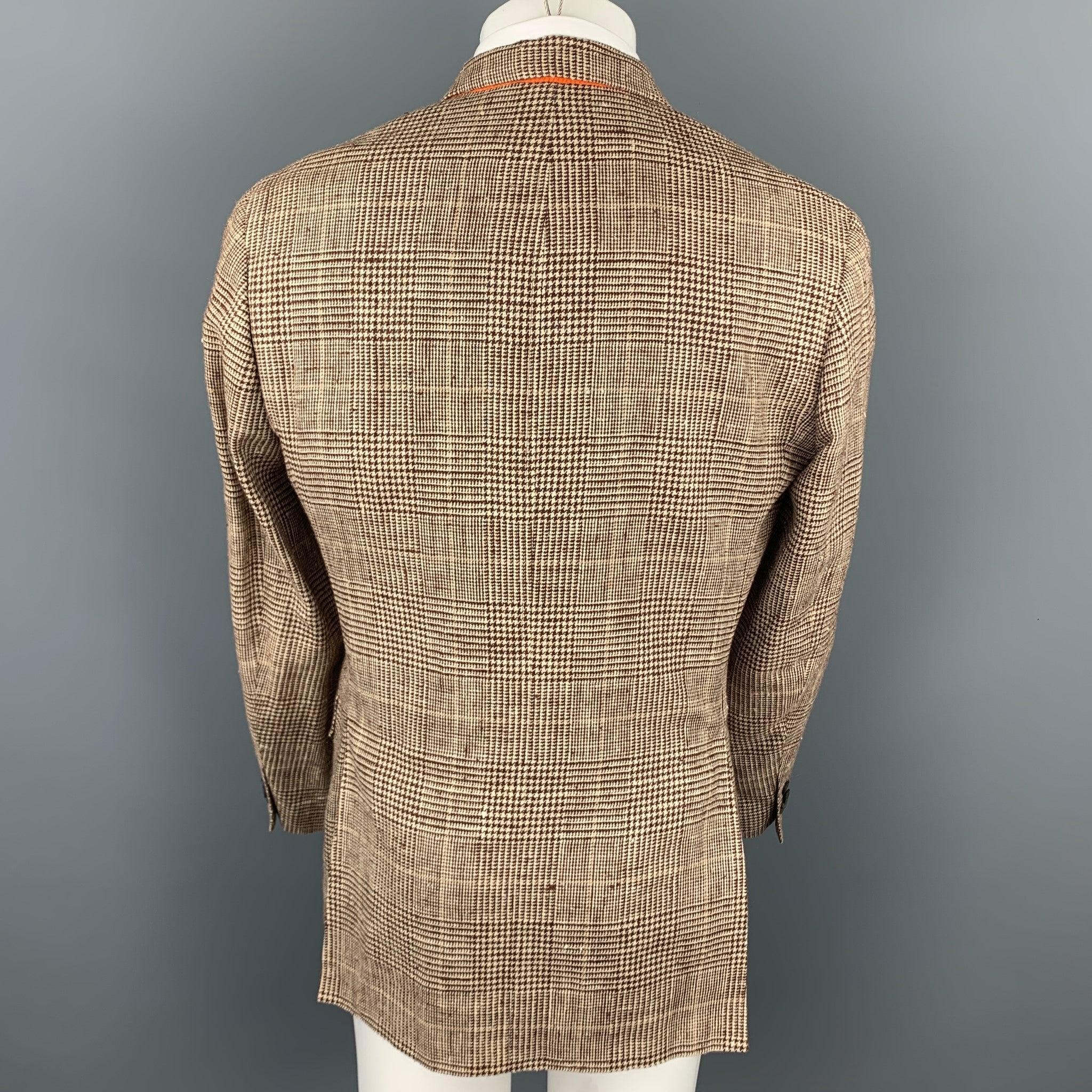 Men's ETRO Size 40 Brown & Beige Plaid Silk / Linen Notch Lapel Sport Coat For Sale