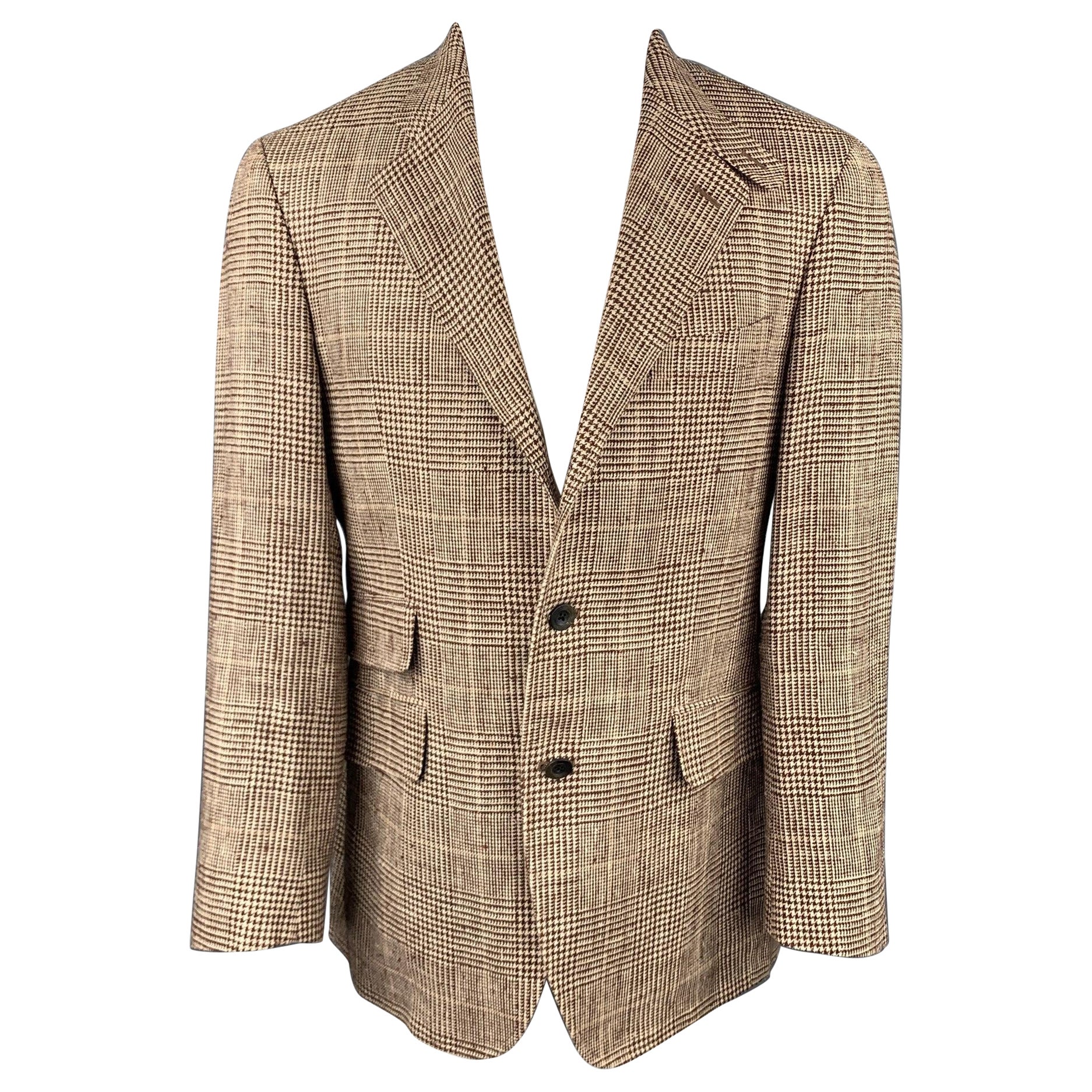 ETRO Size 40 Brown 
Beige Plaid Silk / Linen Notch Lapel Sport Coat