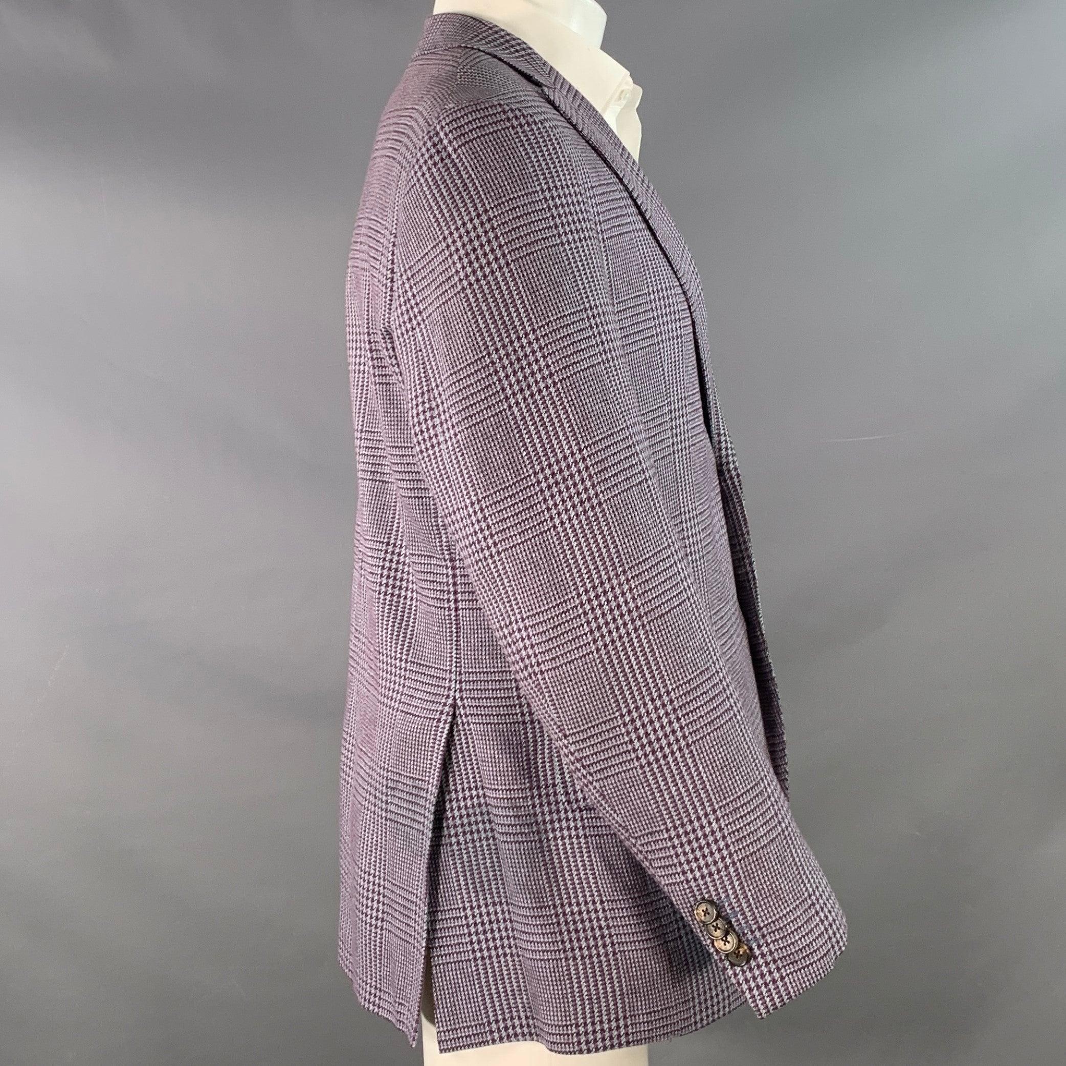 Men's ETRO Size 40 Grey Burgundy Glenplaid Silk Cotton Slim Fit Peak Lapel Sport Coat For Sale