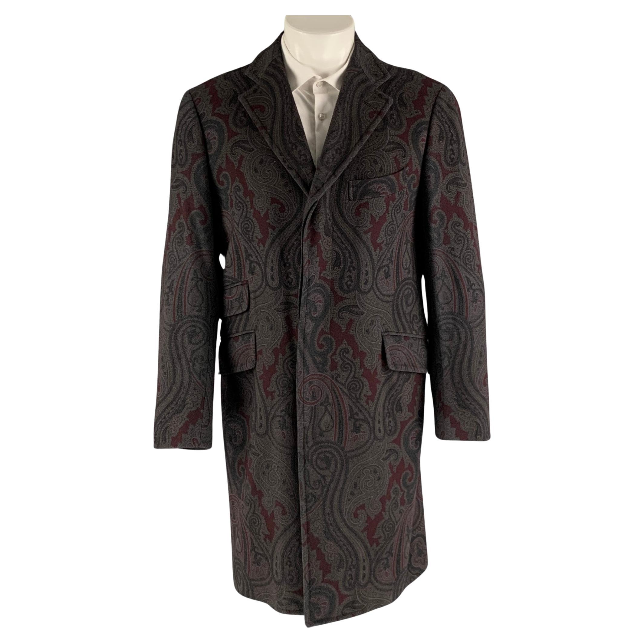 ETRO Size 40 Grey Burgundy Paisley Wool Polyamide Coat
