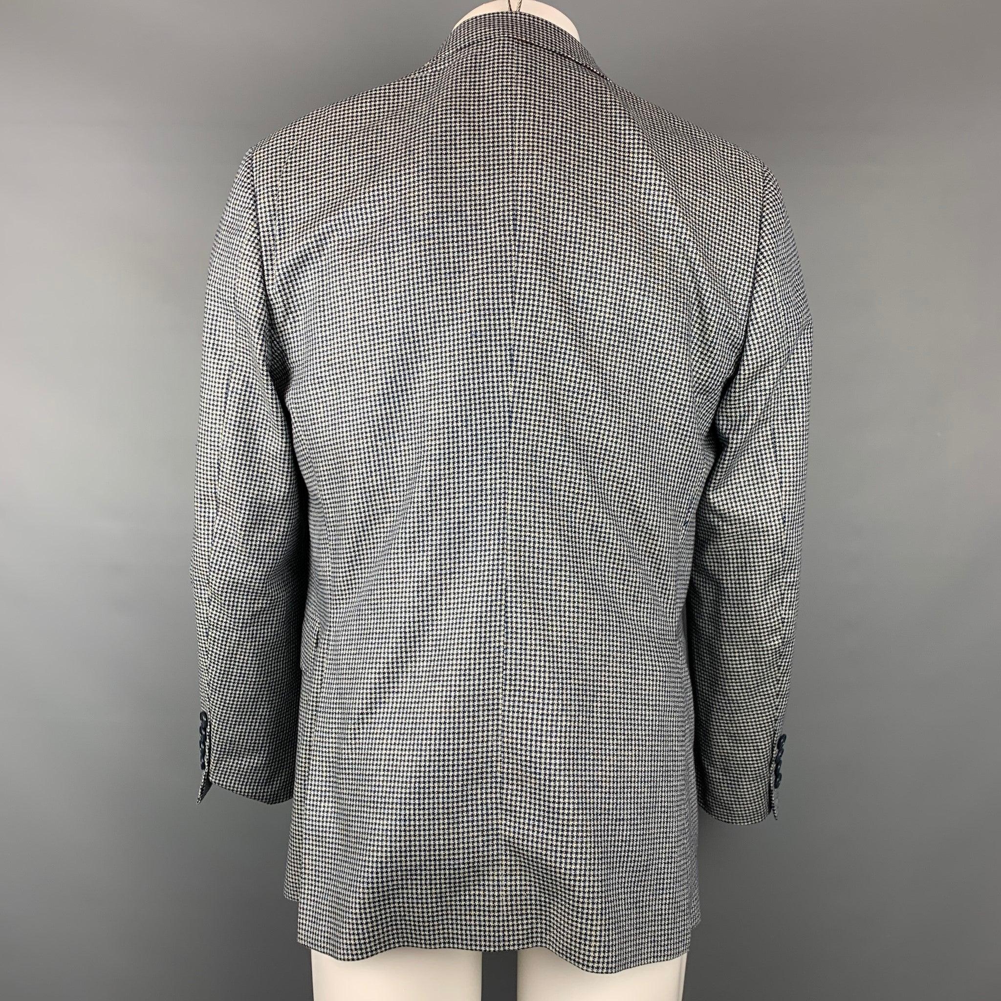 Men's ETRO Size 40 Navy & White Houndstooth Silk Double Breasted Sport Coat