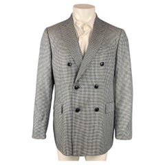 ETRO Size 40 Navy & White Houndstooth Silk Double Breasted Sport Coat