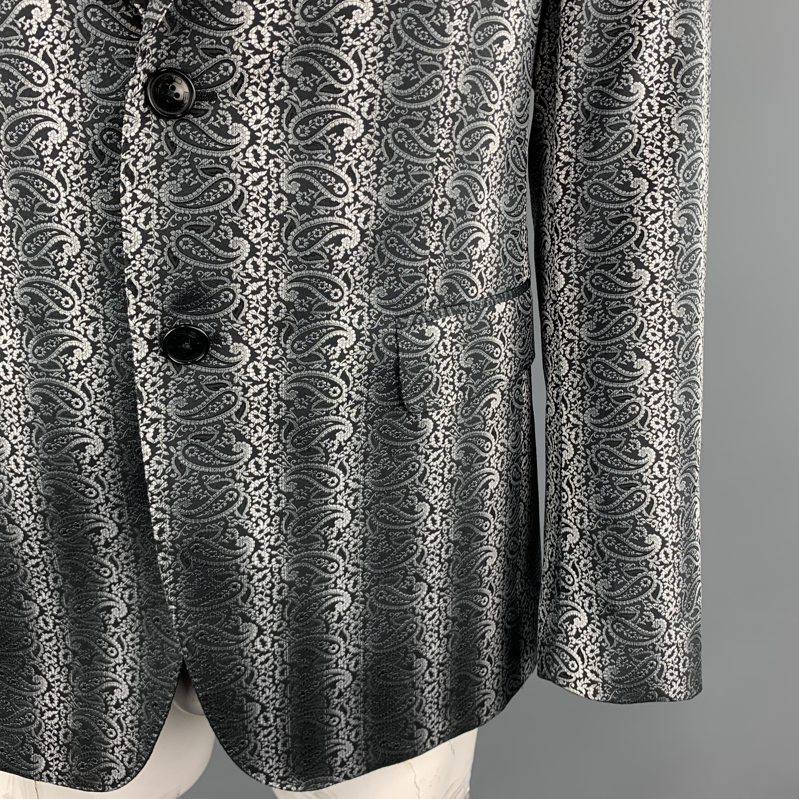 Men's ETRO Size 42 Black & Grey Paisley Jacquard Polyester Notch Lapel Sport Coat