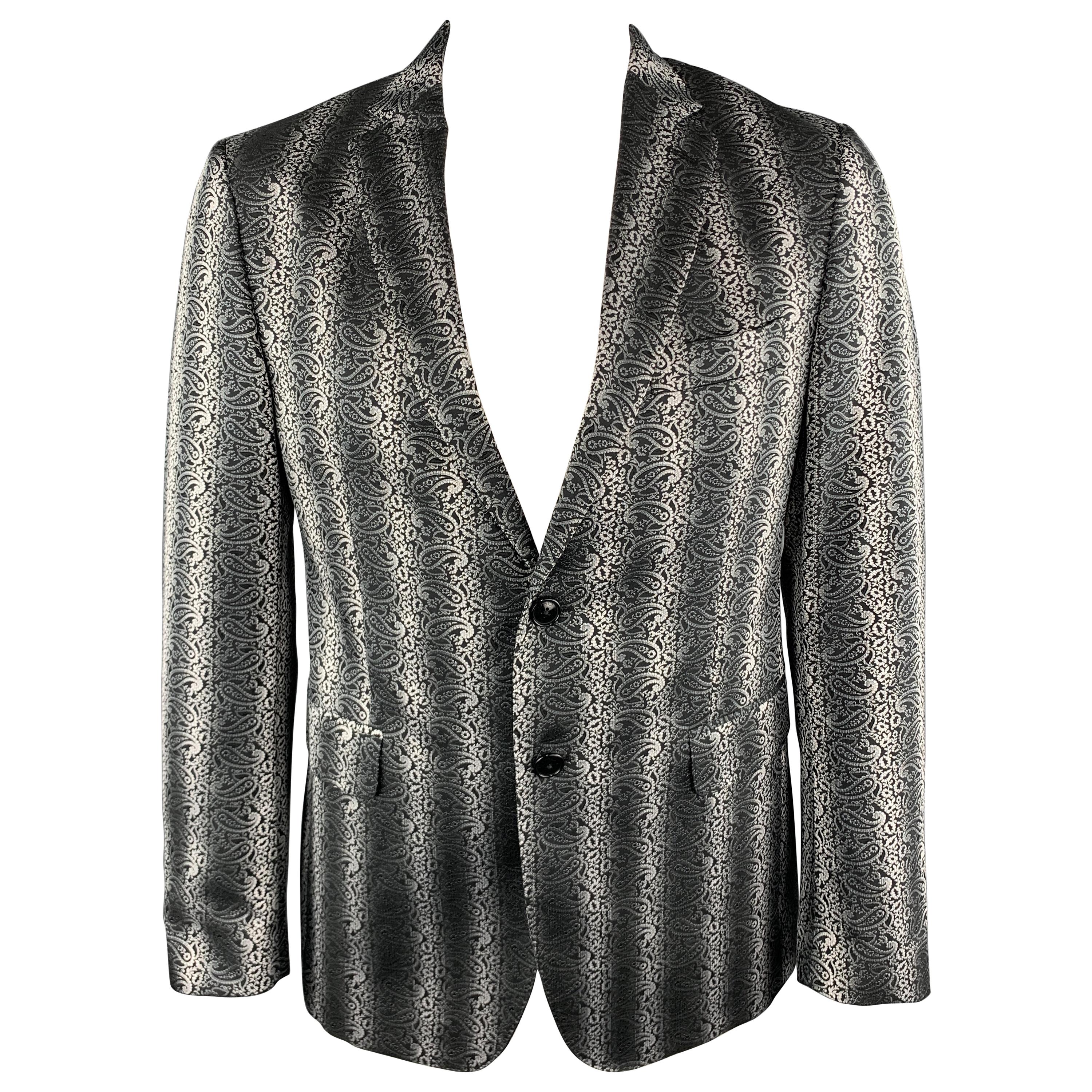 ETRO Size 42 Black & Grey Paisley Jacquard Polyester Notch Lapel Sport Coat
