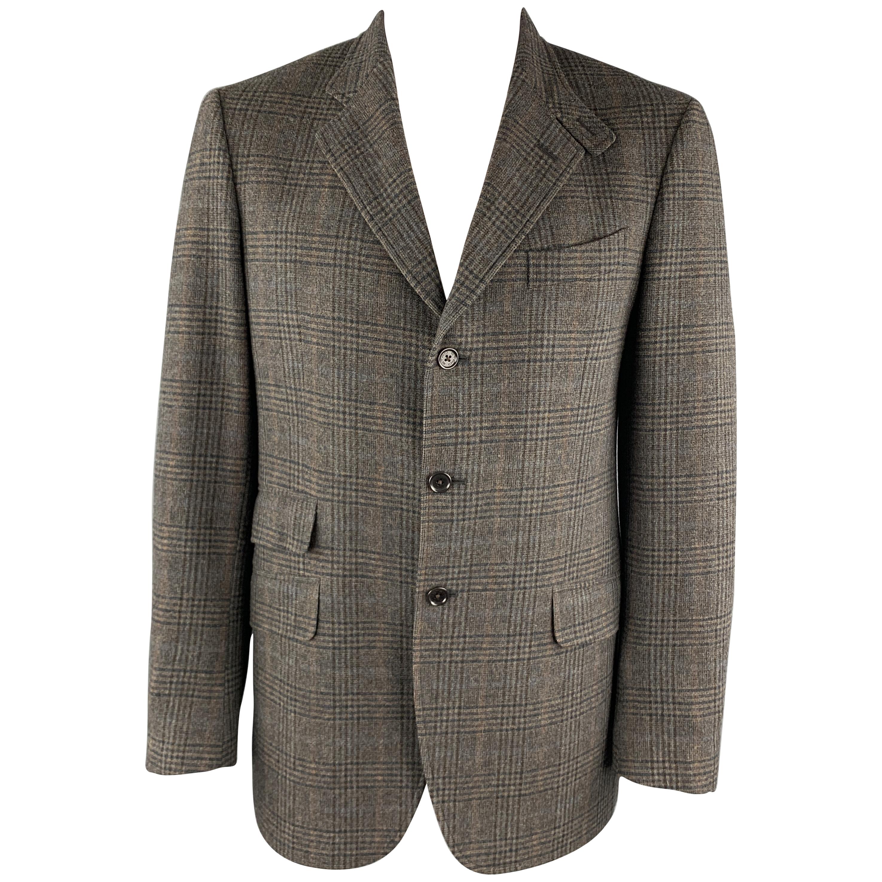 ETRO Size 42 Long Taupe Plaid Wool / Cashmere Tab Collar Sport Coat