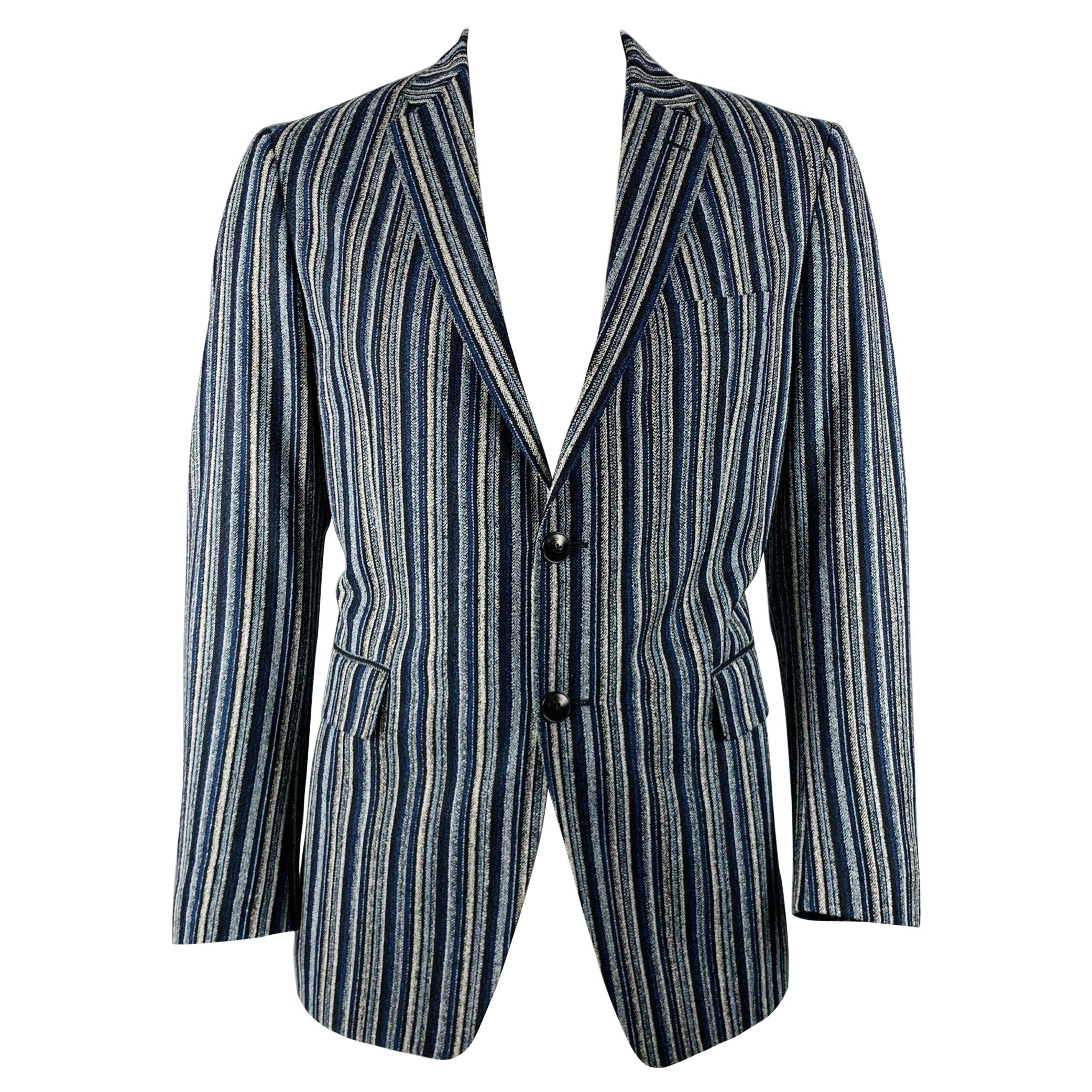 ETRO Größe 42 Marineblau Schwarz Weiß Gestreift Wollmischung Notch Revers Sportmantel