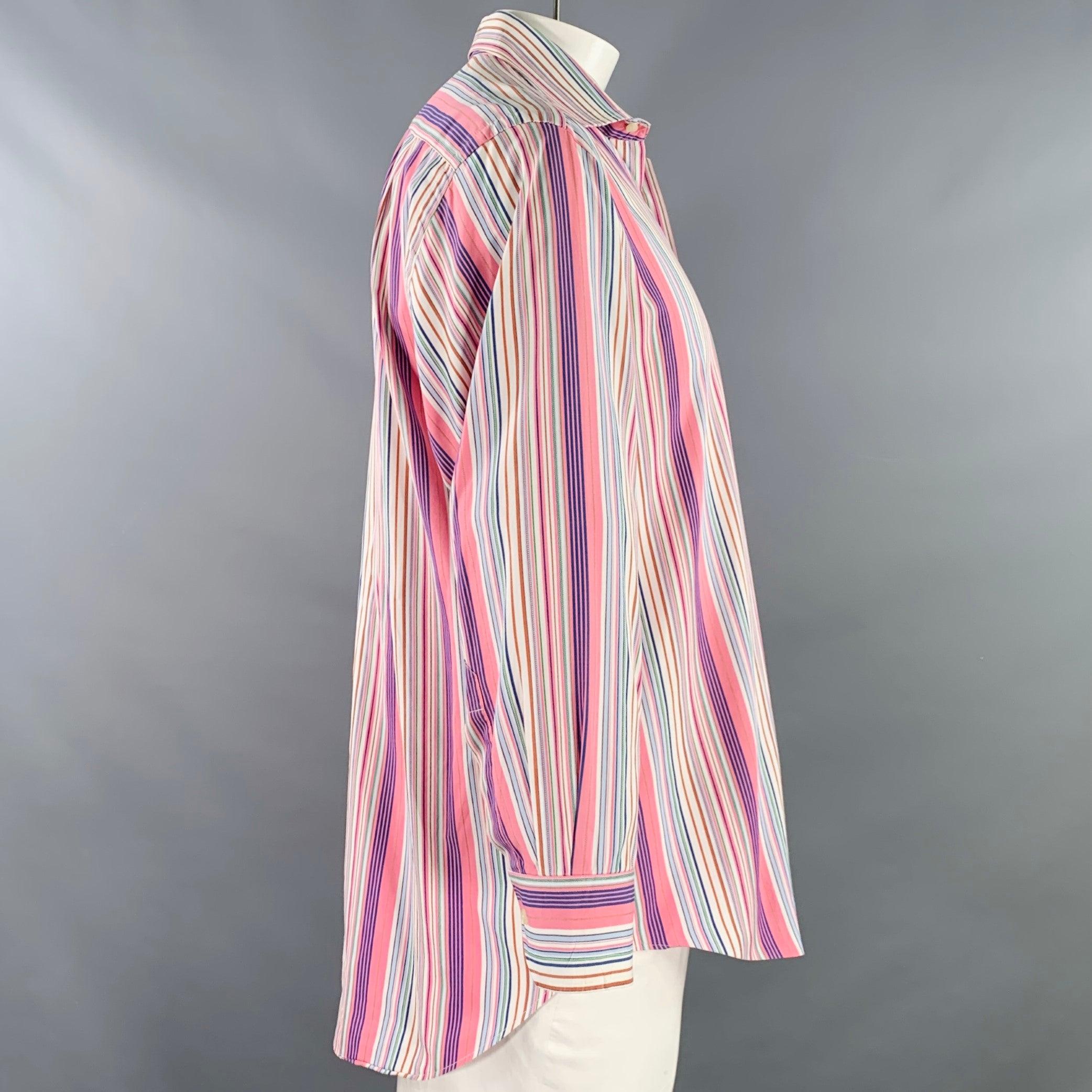 Beige ETRO Size 42 Pink Multi Color Stripe Cotton Spread Collar Long Sleeve Shirt For Sale