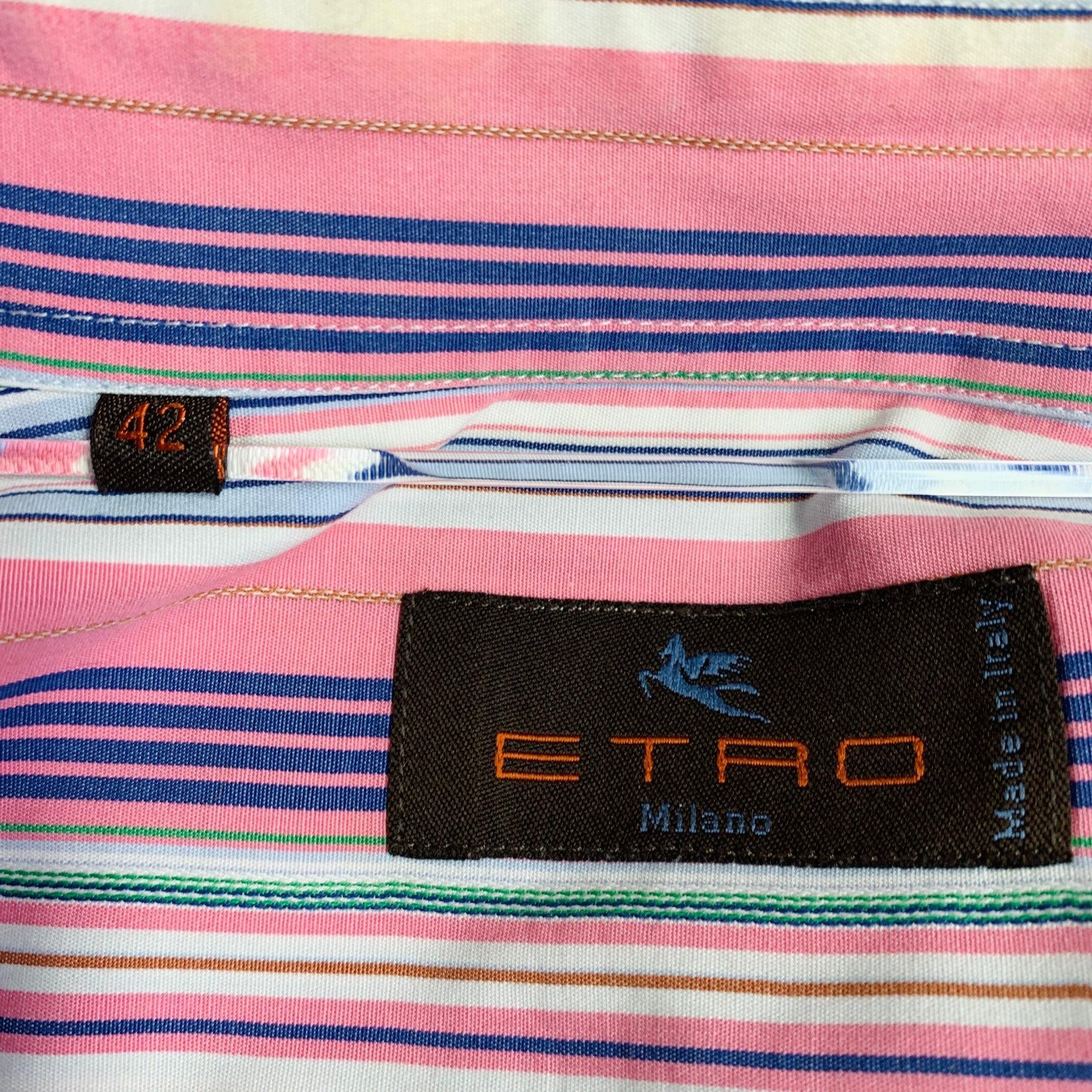 ETRO Size 42 Pink Multi Color Stripe Cotton Spread Collar Long Sleeve Shirt For Sale 2