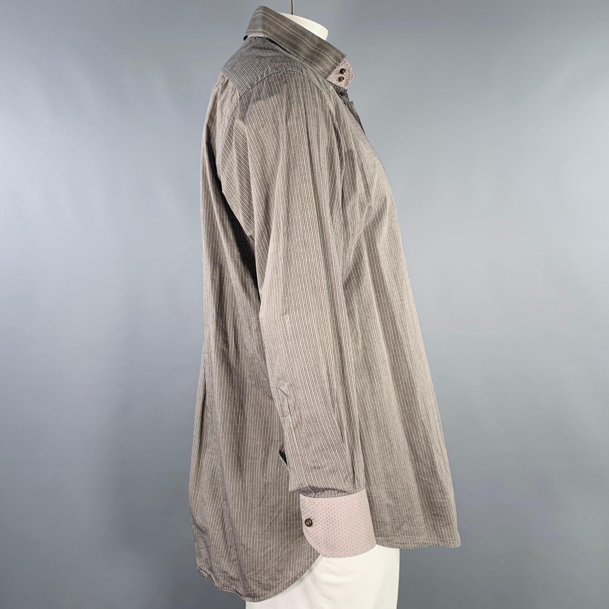 Gray ETRO Size 44 Grey Charcoal Stripe Cotton Curved Cutaway Long Sleeve Shirt For Sale