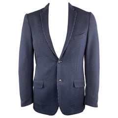 ETRO Size 44 Navy Textured Long Cotton Notch Lapel Sport Coat