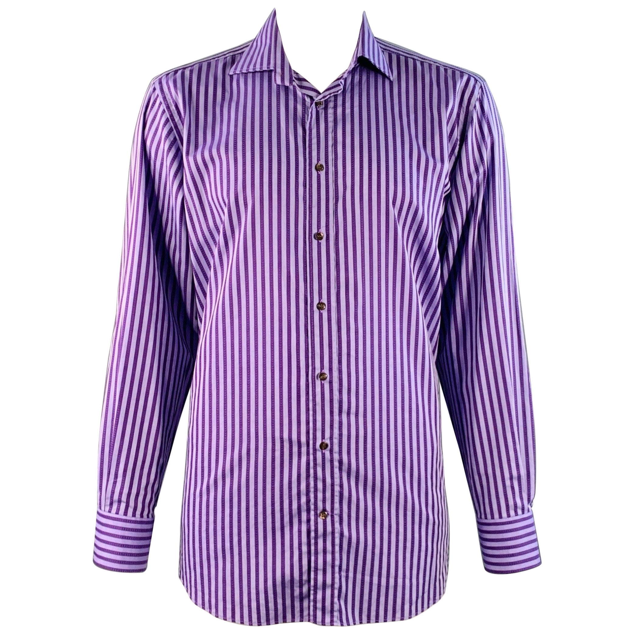 ETRO Talla 44 Camisa de Manga Larga de Algodón a Rayas Lila Morado Cuello Extendido
