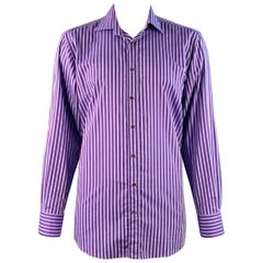 ETRO Talla 44 Camisa de Manga Larga de Algodón a Rayas Lila Morado Cuello Extendido