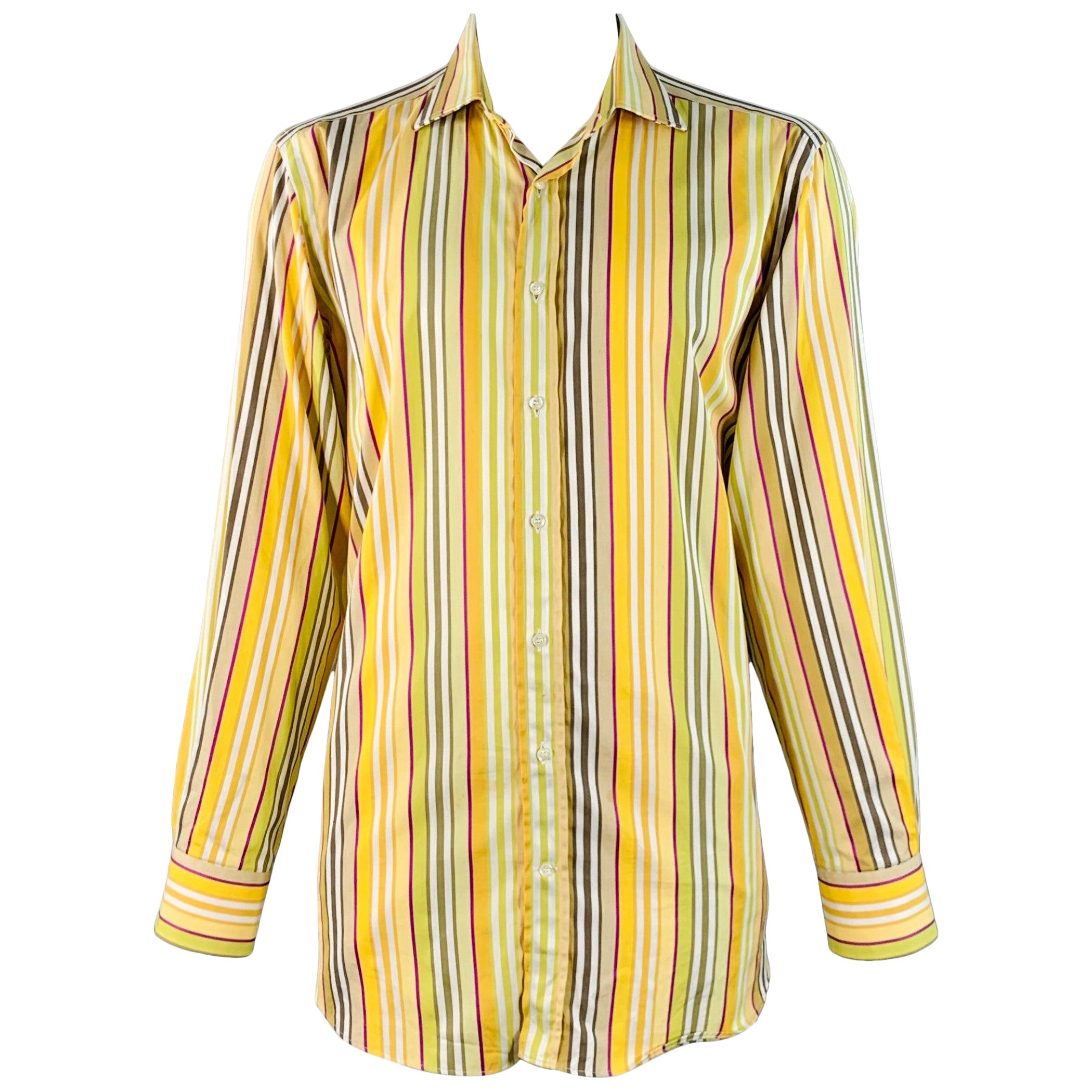 Etro taglia 44, camicia a maniche lunghe in cotone a righe bianche e verdi, con taglio curvo. in vendita