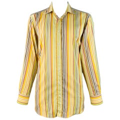 ETRO Size 44 Yellow Green White Stripe Cotton Curved Cutaway Long Sleeve Shirt