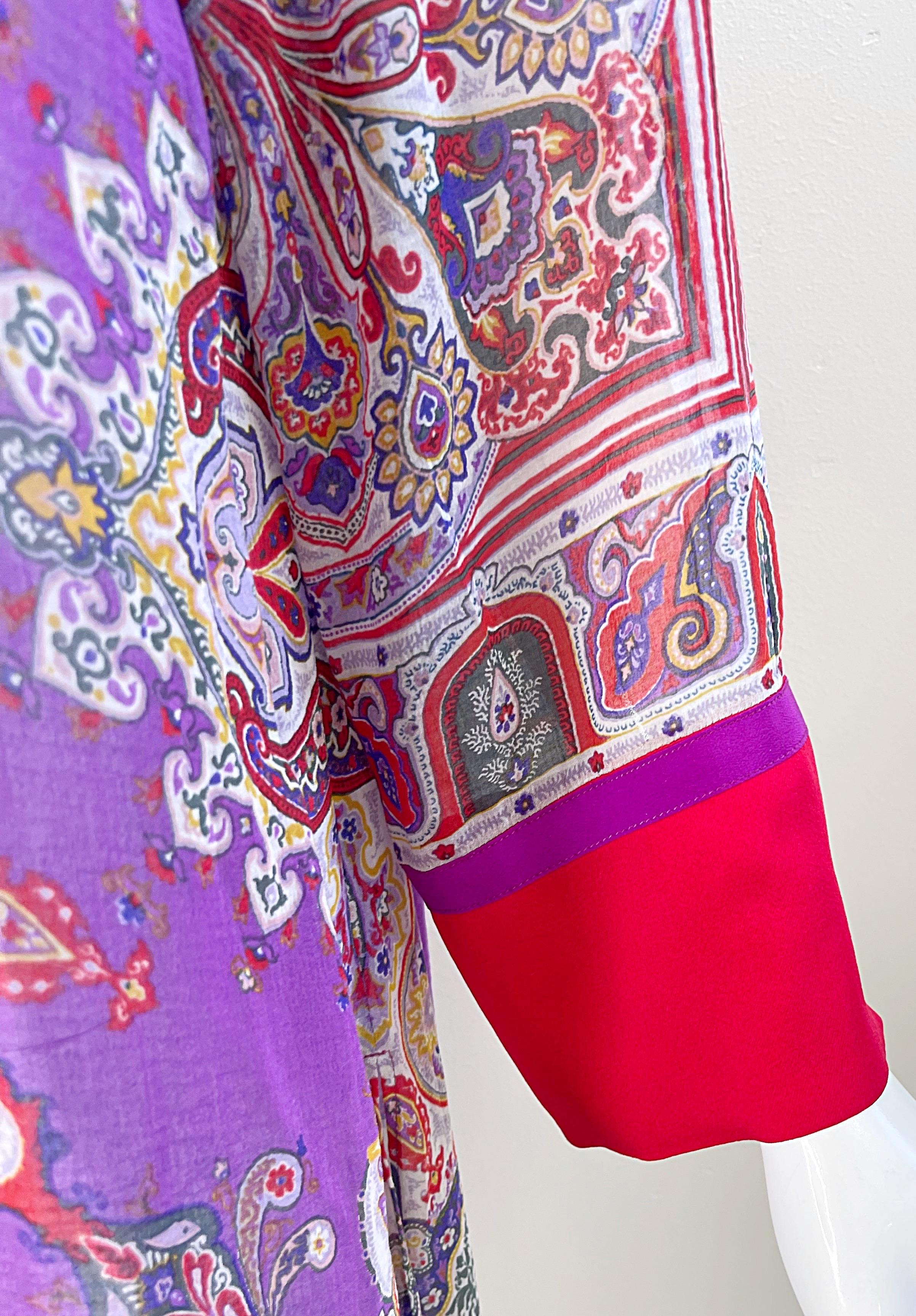 Etro Size 46 / 10 Beaded Silk and Cotton Purple Paisley Long Sleeve Tunic Dress For Sale 6