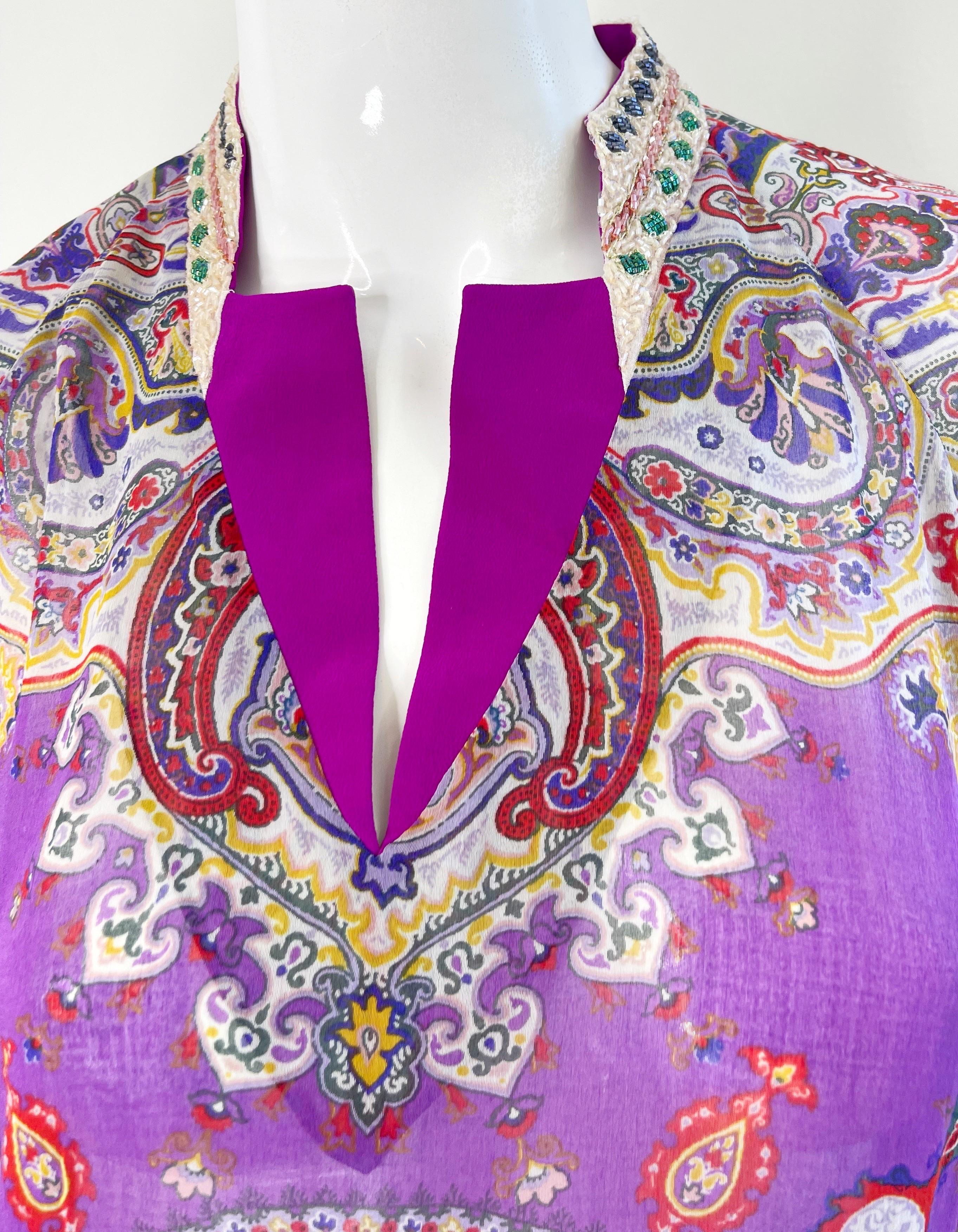 Etro Size 46 / 10 Beaded Silk and Cotton Purple Paisley Long Sleeve Tunic Dress For Sale 8