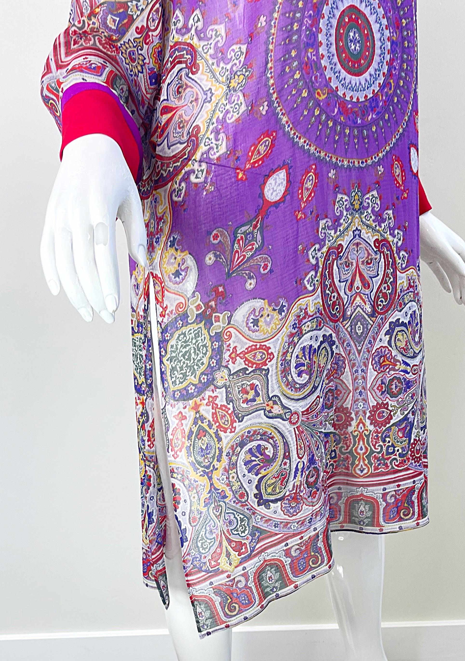 Etro Size 46 / 10 Beaded Silk and Cotton Purple Paisley Long Sleeve Tunic Dress For Sale 11
