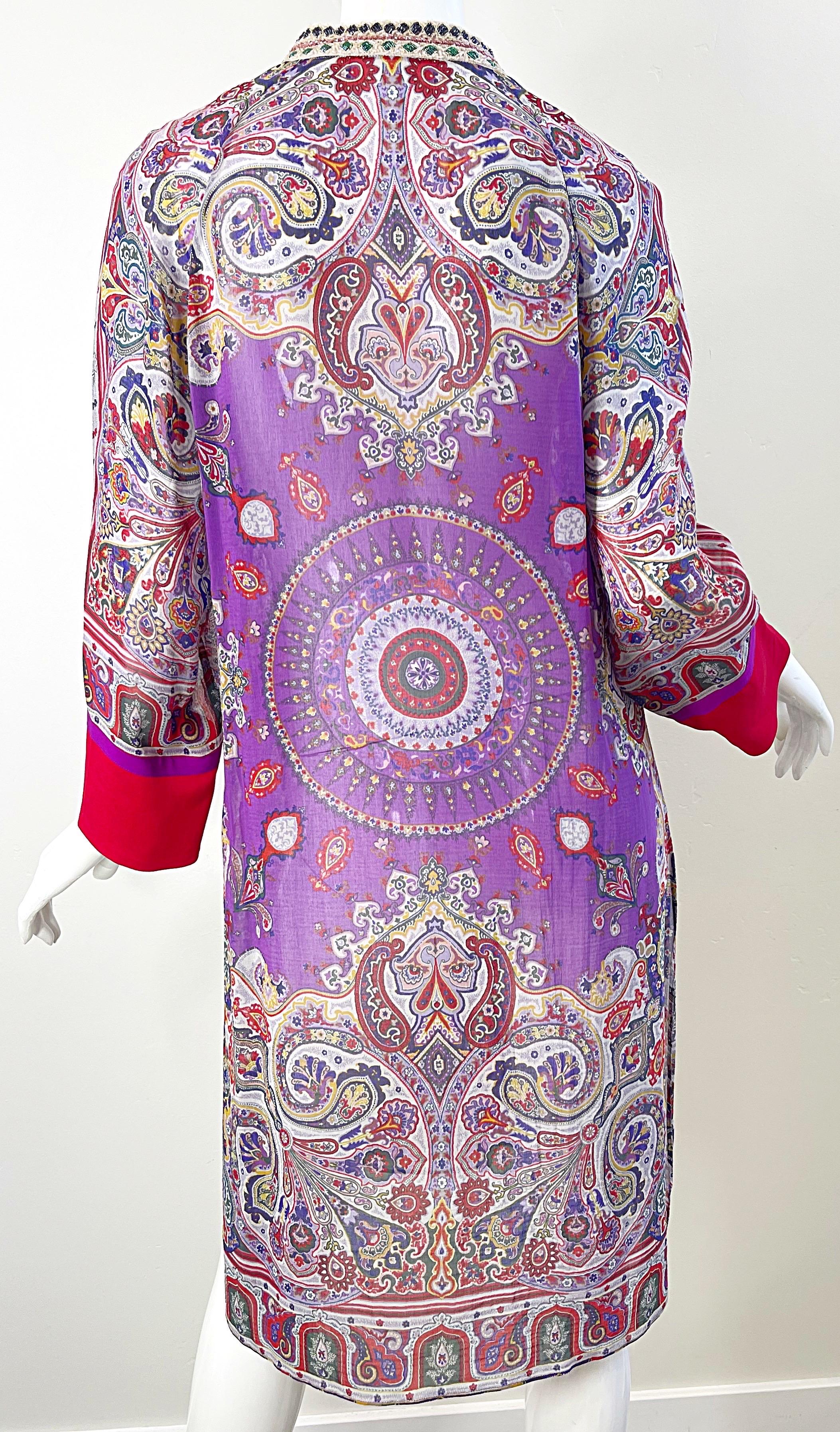 Etro Size 46 / 10 Beaded Silk and Cotton Purple Paisley Long Sleeve Tunic Dress For Sale 12