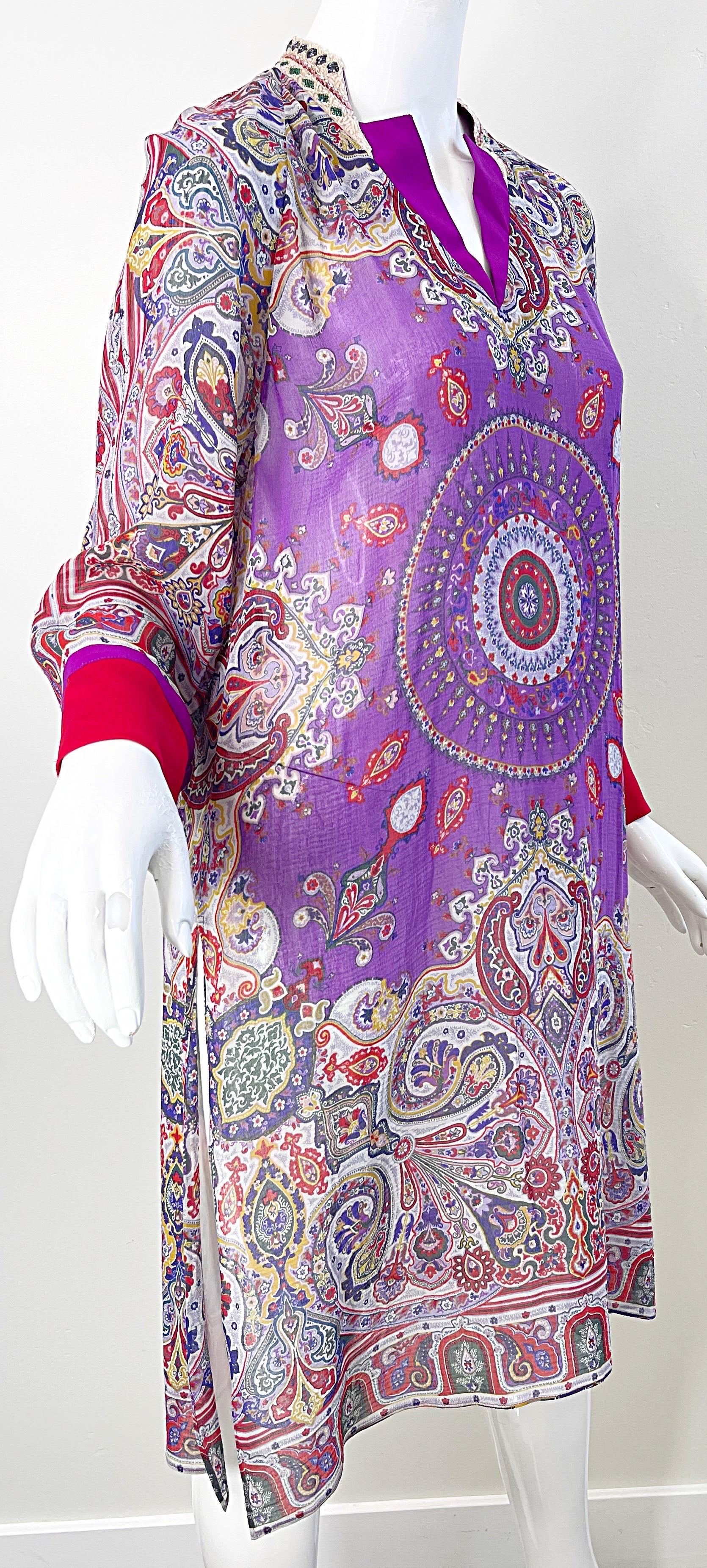 Etro Size 46 / 10 Beaded Silk and Cotton Purple Paisley Long Sleeve Tunic Dress For Sale 14