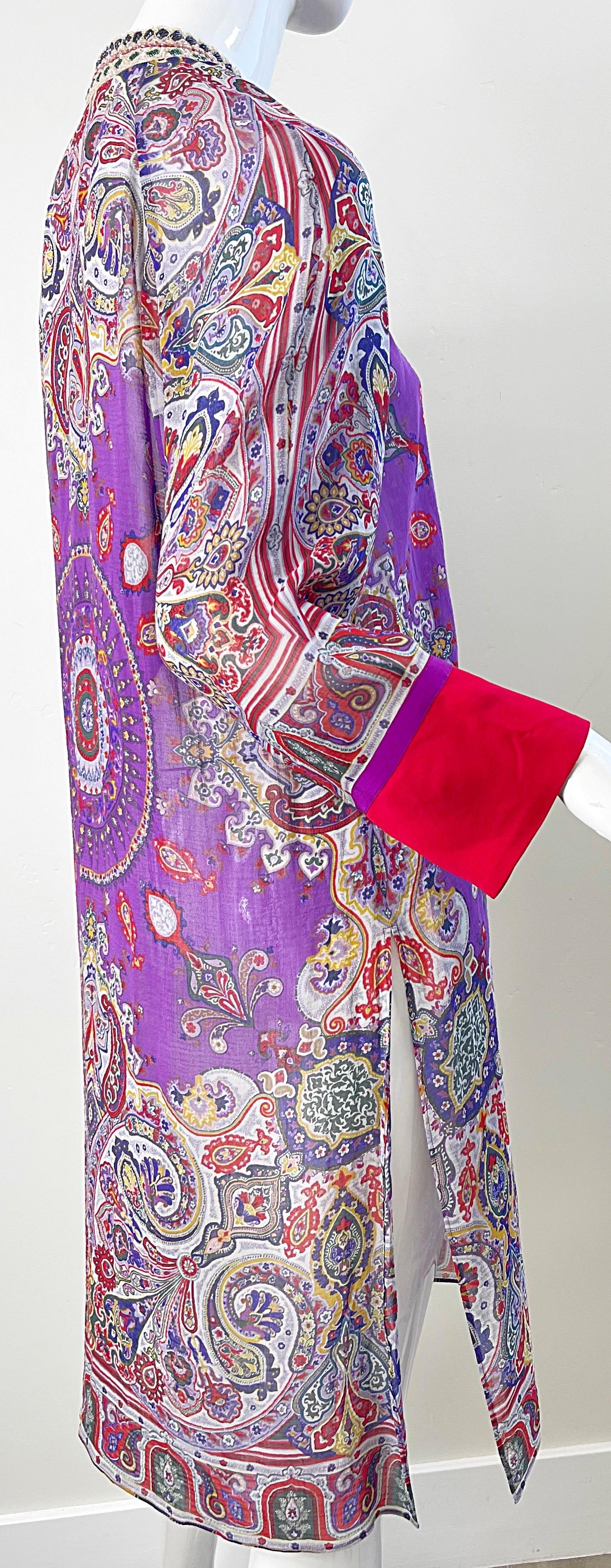 Etro Size 46 / 10 Beaded Silk and Cotton Purple Paisley Long Sleeve Tunic Dress For Sale 15