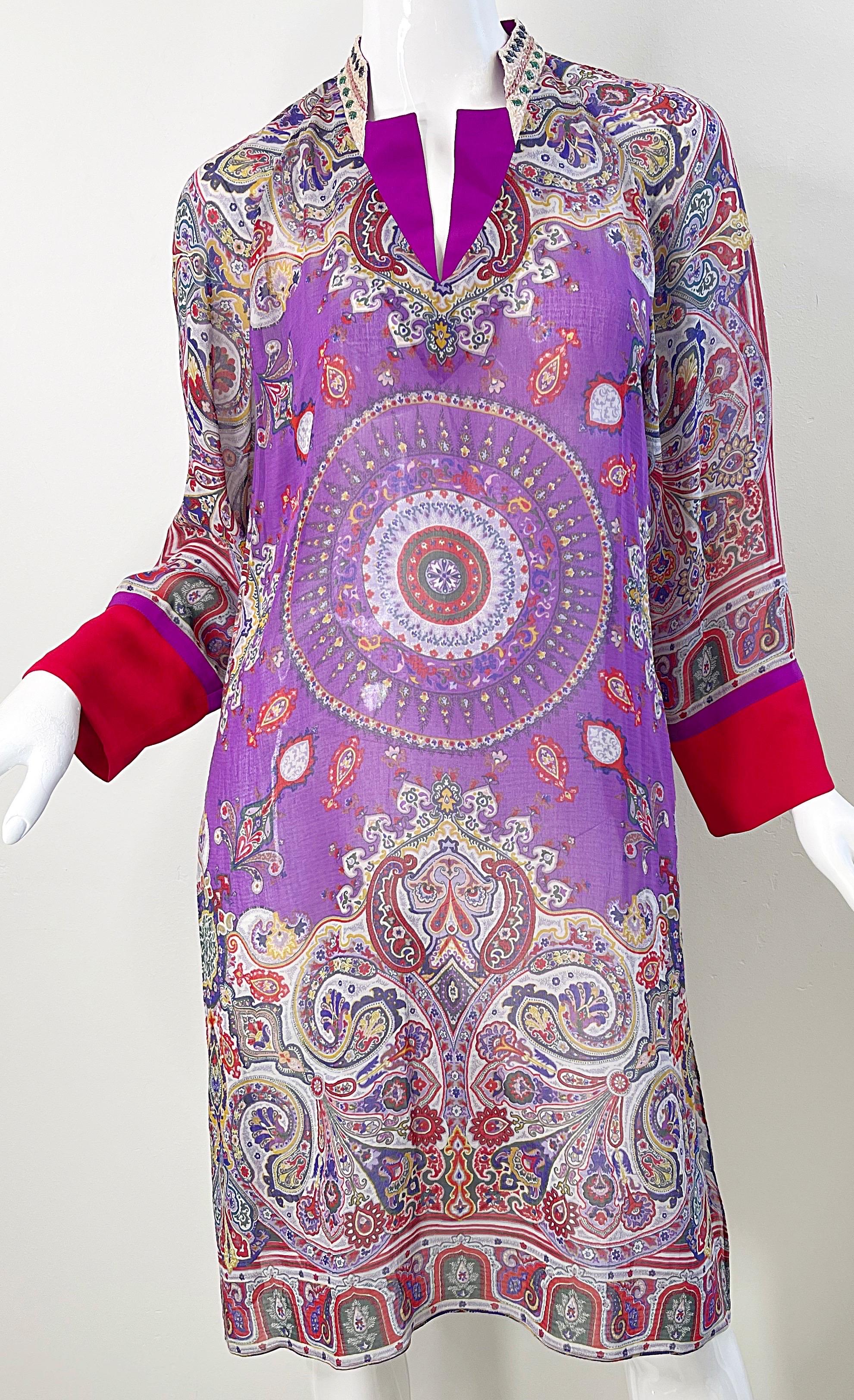 Chic 2000s vintage Etro purple paisley silk and cotton long sleeve tunic dress ! Soft lightweight fabric consists of Cotton (80%) and Silk (20%). Vibrant colors of purple, red, blue and yellow. Hundred of hand-sewn beads on the back collar. Simply