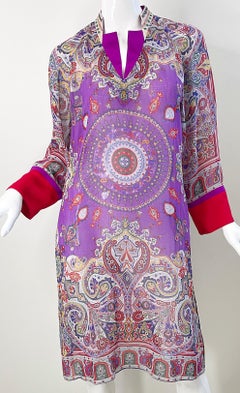 Etro Size 46 / 10 Beaded Silk and Cotton Purple Paisley Long Sleeve Tunic Dress