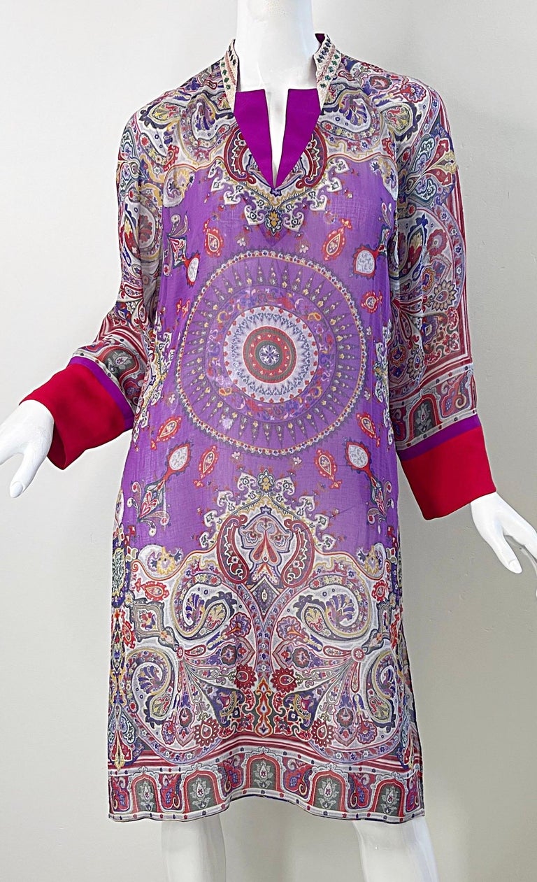 Etro Size 46 / 10 Beaded Silk and Cotton Purple Paisley Long Sleeve Tunic  Dress For Sale at 1stDibs