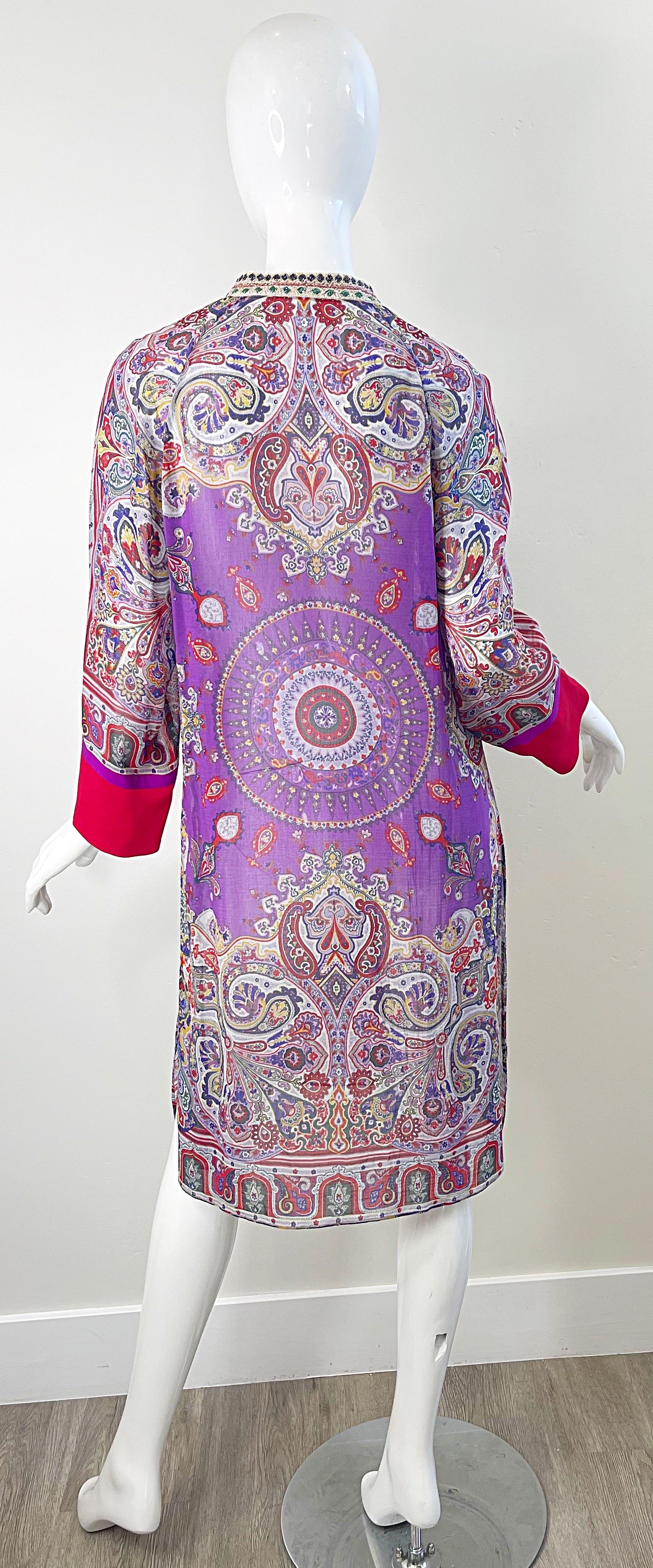 Etro Size 46 / 10 Beaded Silk and Cotton Purple Paisley Long Sleeve Tunic Dress In Excellent Condition For Sale In San Diego, CA