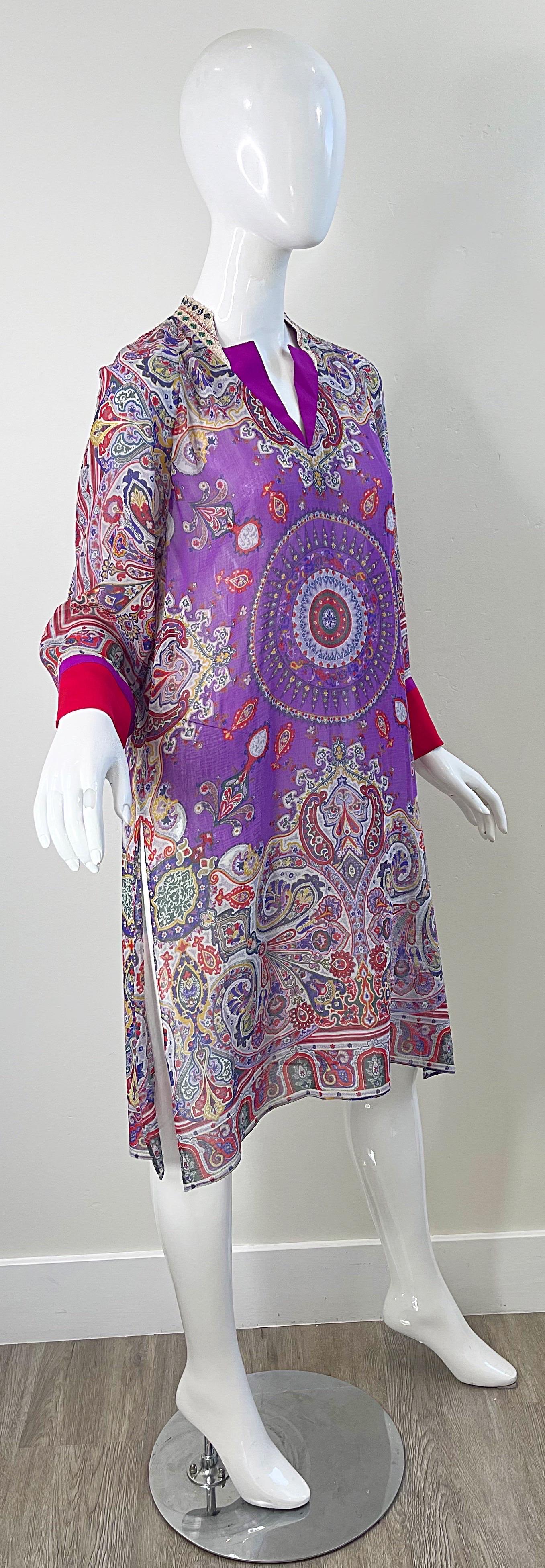 Etro Size 46 / 10 Beaded Silk and Cotton Purple Paisley Long Sleeve Tunic Dress For Sale 2