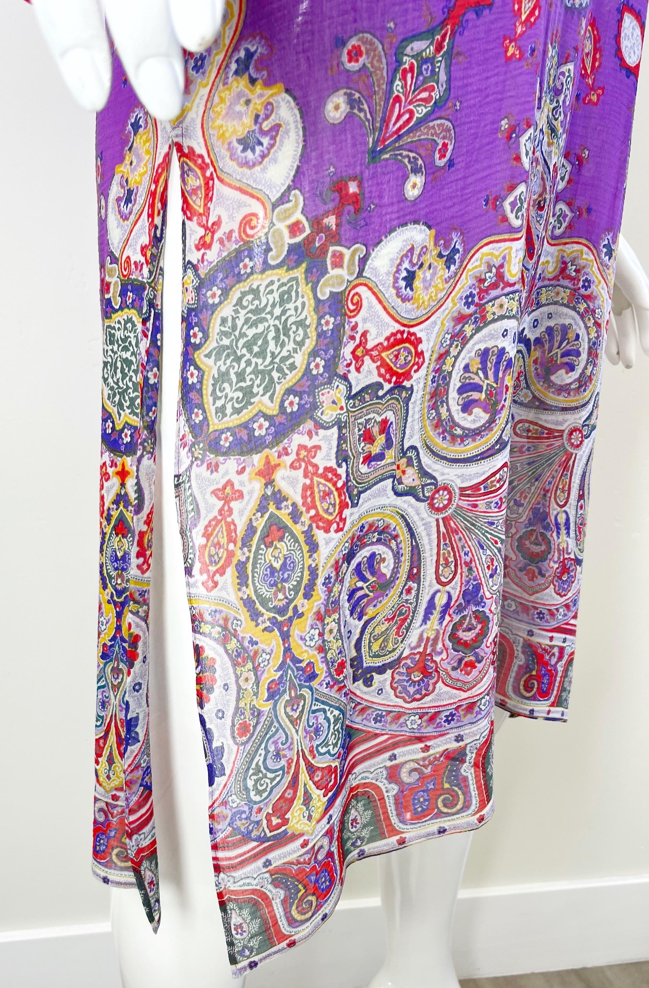 Etro Size 46 / 10 Beaded Silk and Cotton Purple Paisley Long Sleeve Tunic Dress For Sale 3
