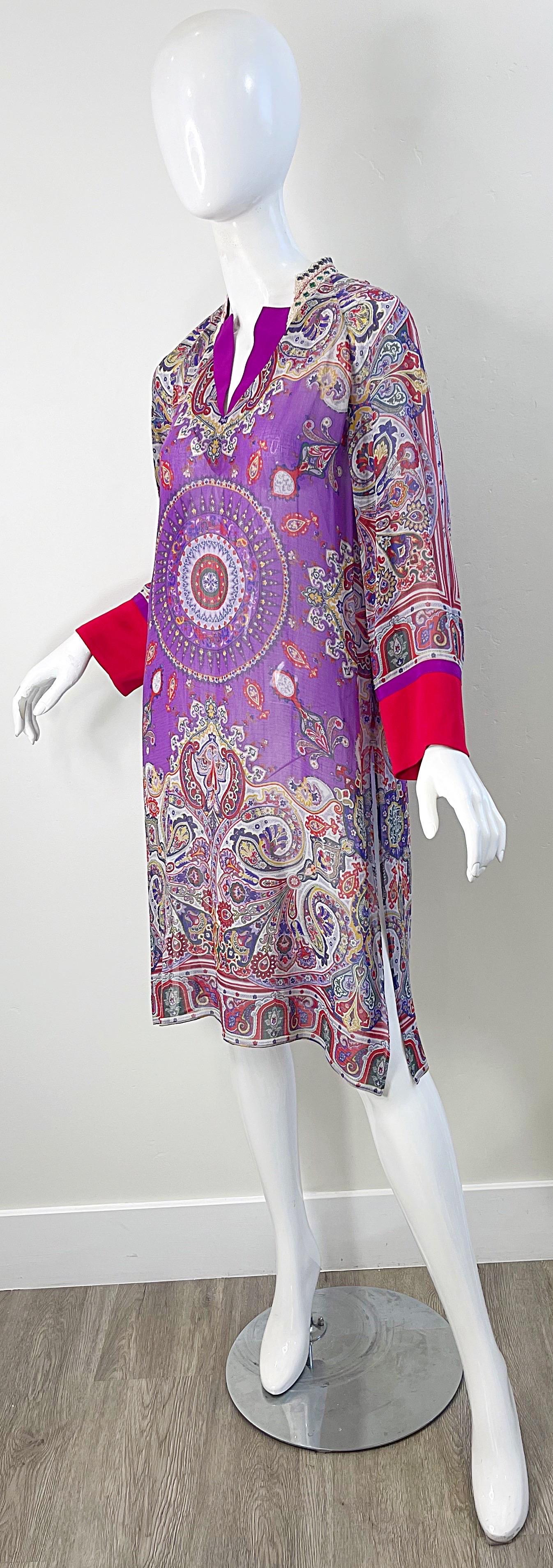 Etro Size 46 / 10 Beaded Silk and Cotton Purple Paisley Long Sleeve Tunic Dress For Sale 4