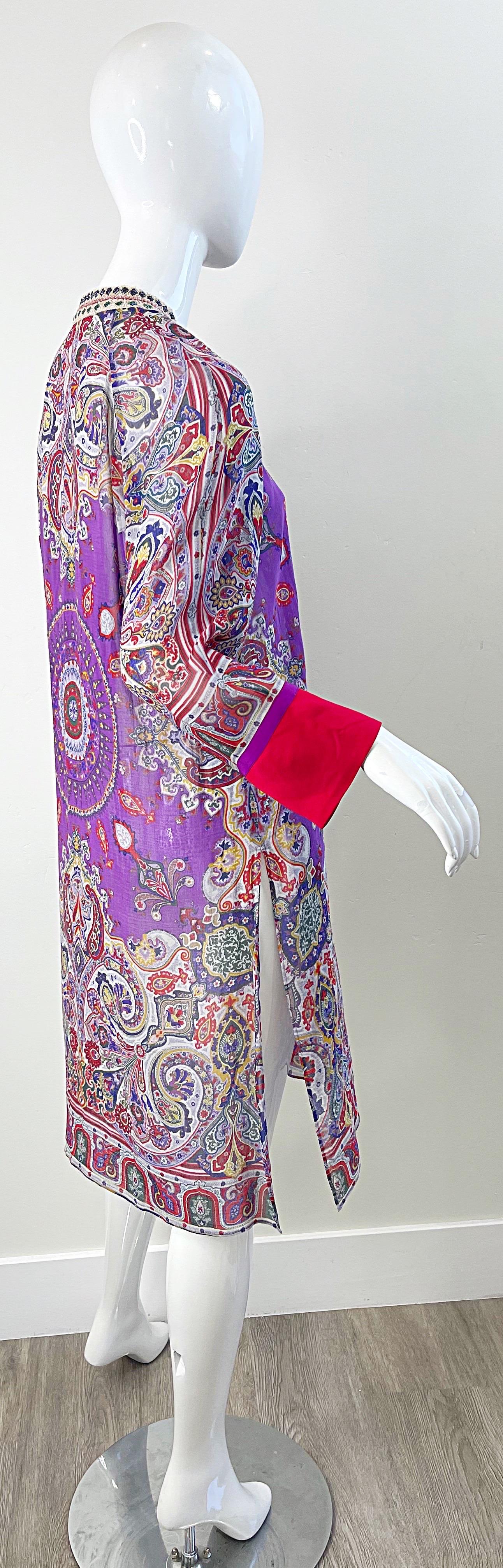 Etro Size 46 / 10 Beaded Silk and Cotton Purple Paisley Long Sleeve Tunic Dress For Sale 5