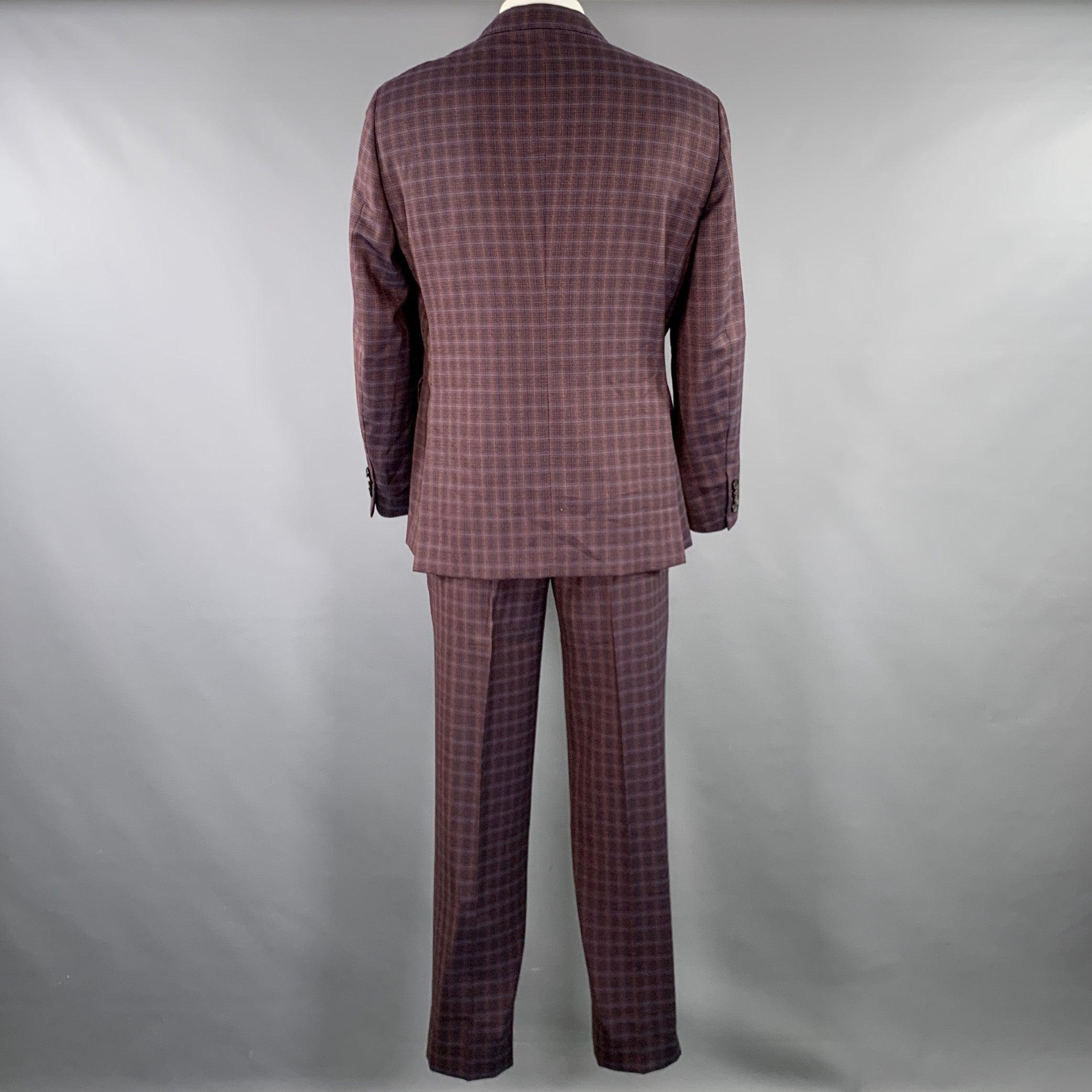 ETRO Size 48 Burgundy Black Gold Plaid Wool Notch Lapel Suit In Excellent Condition In San Francisco, CA