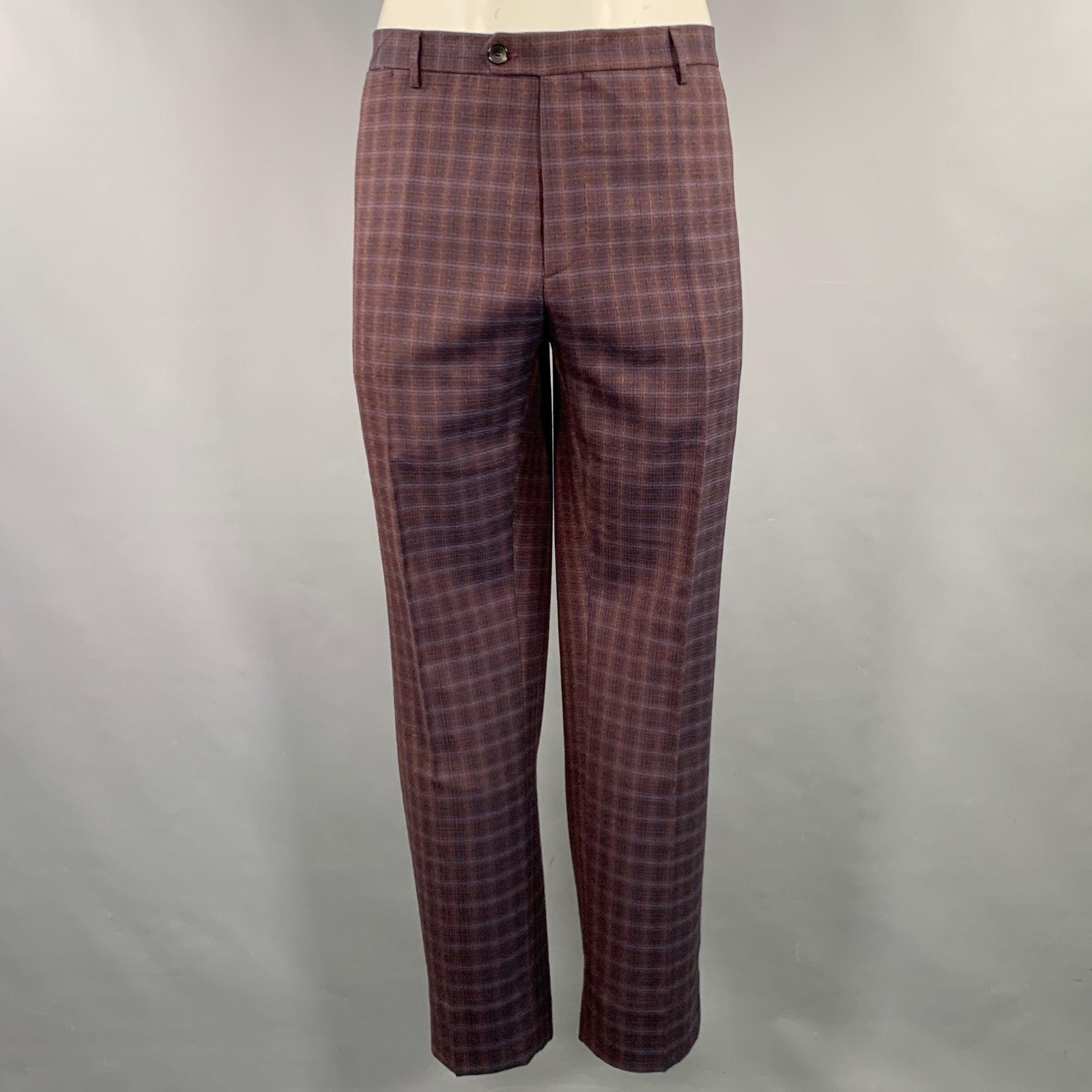 Men's ETRO Size 48 Burgundy Black Gold Plaid Wool Notch Lapel Suit