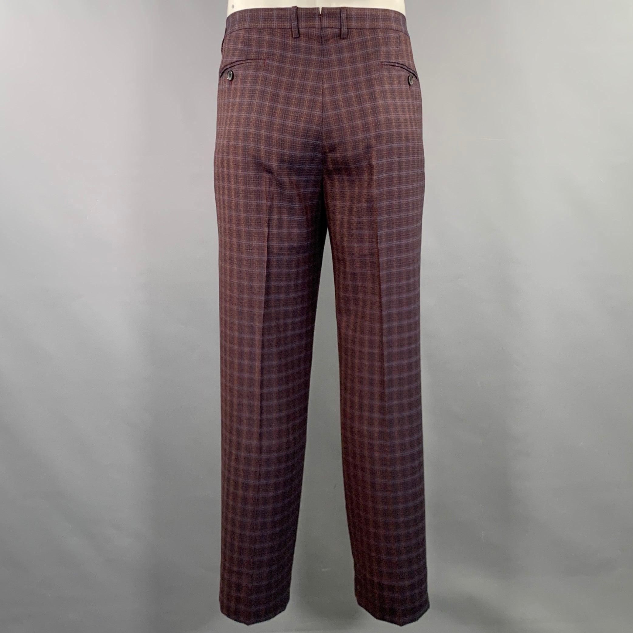 ETRO Size 48 Burgundy Black Gold Plaid Wool Notch Lapel Suit 1
