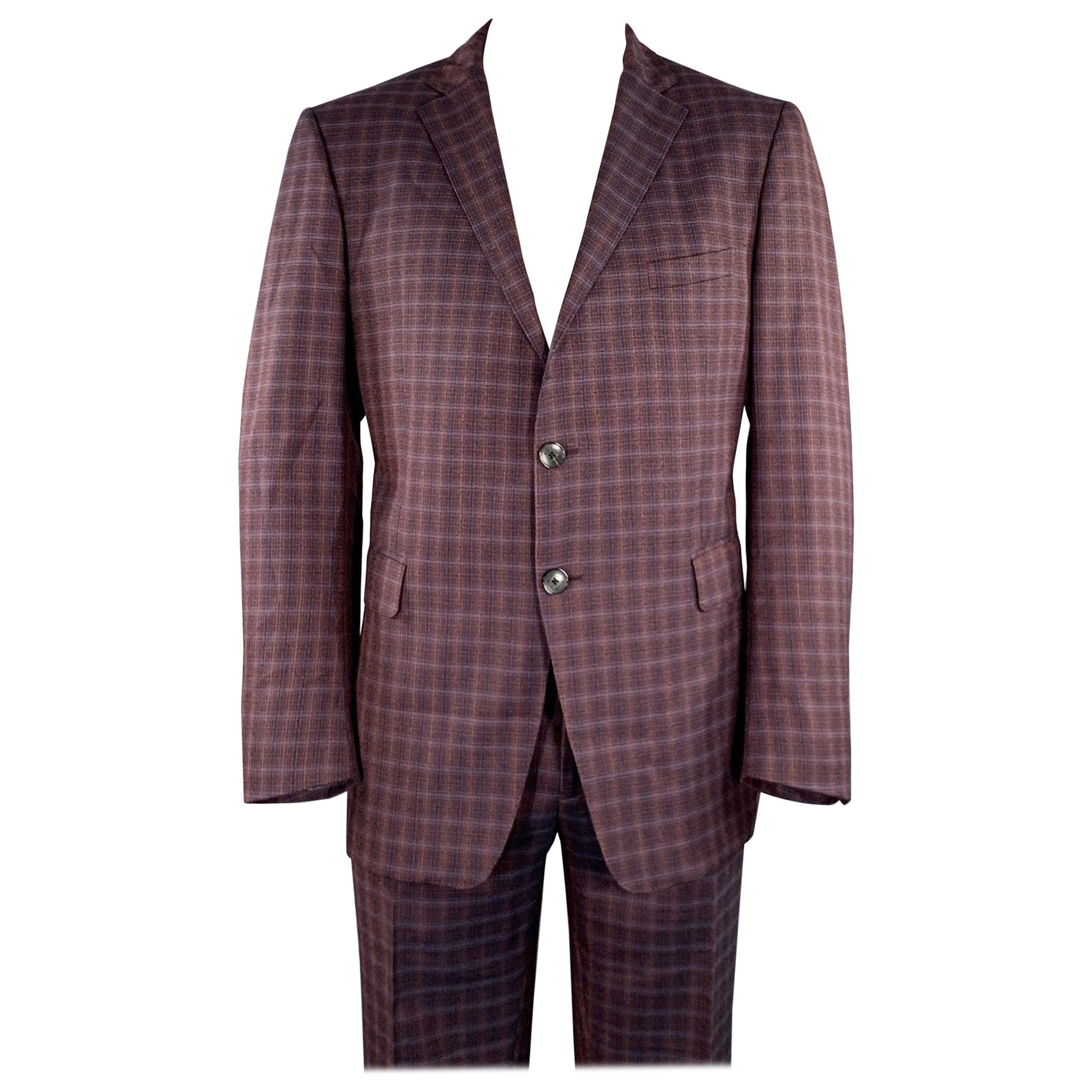 ETRO Size 48 Burgundy Black Gold Plaid Wool Notch Lapel Suit
