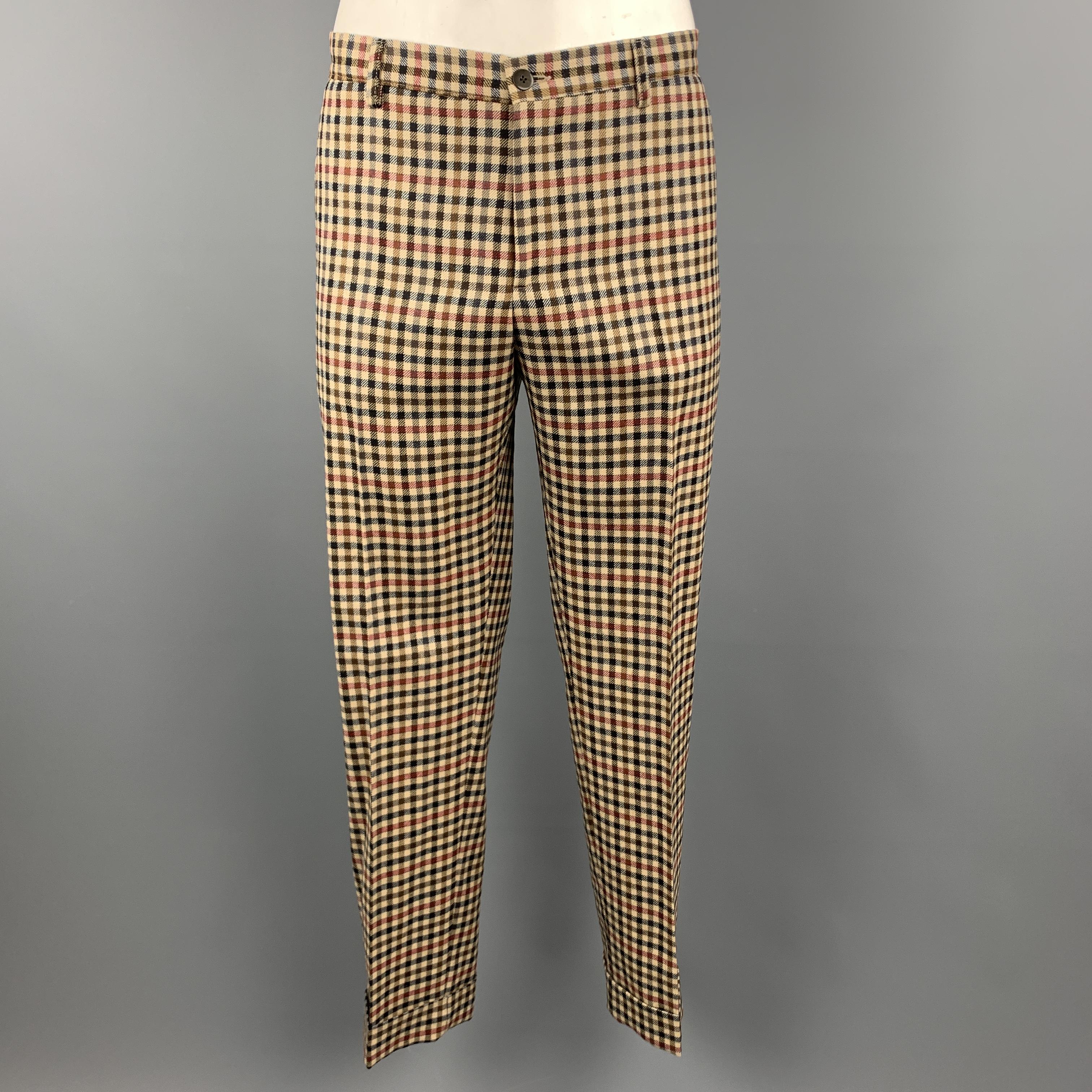 Men's ETRO Size 48 Khaki & Brown Checkered Plaid Lana Wool Notch Lapel Suit