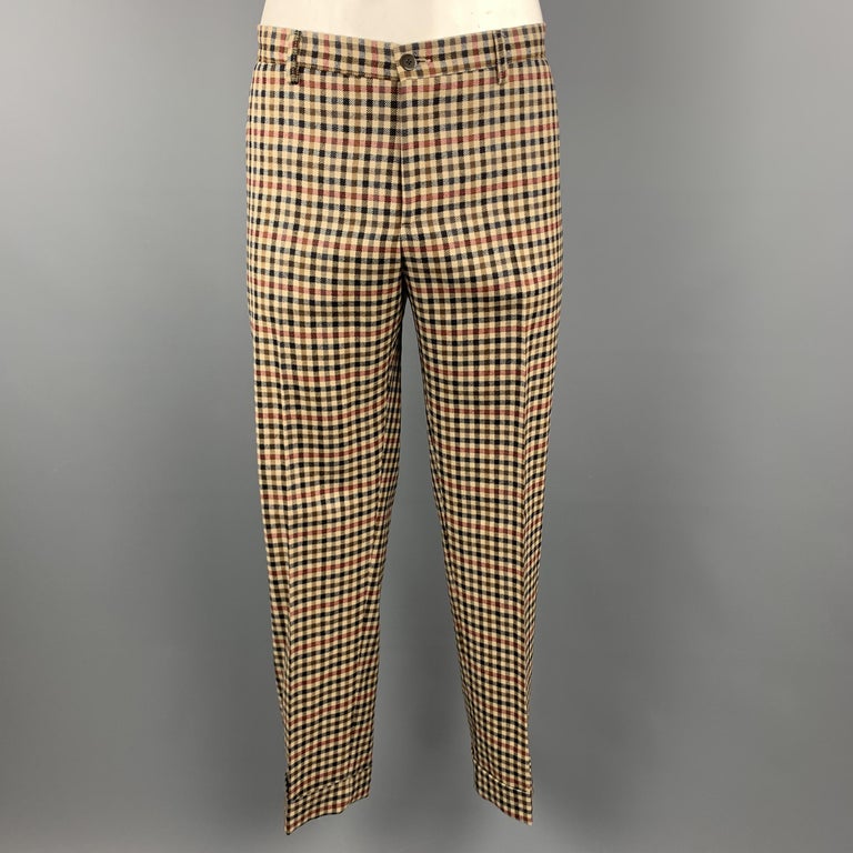 ETRO Size 48 Khaki and Brown Checkered Plaid Lana Wool Notch Lapel Suit ...