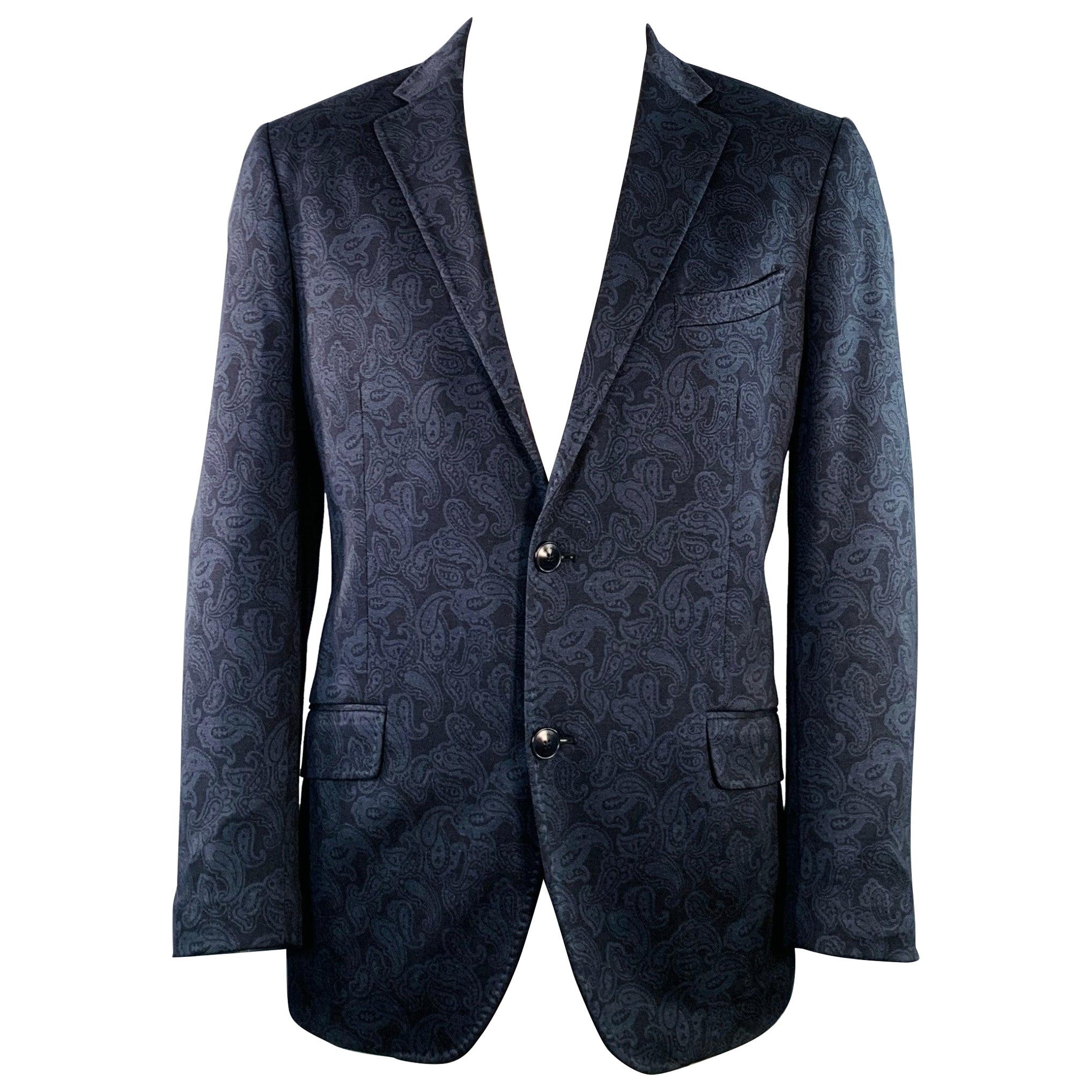 ETRO Size 50 Navy Paisley Cotton Blend Slim Fit Notch Lapel Sport Coat