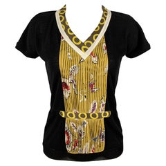 ETRO Size 6 Black Multi-Color Cotton Silk Pleated Short Sleeve Casual Top
