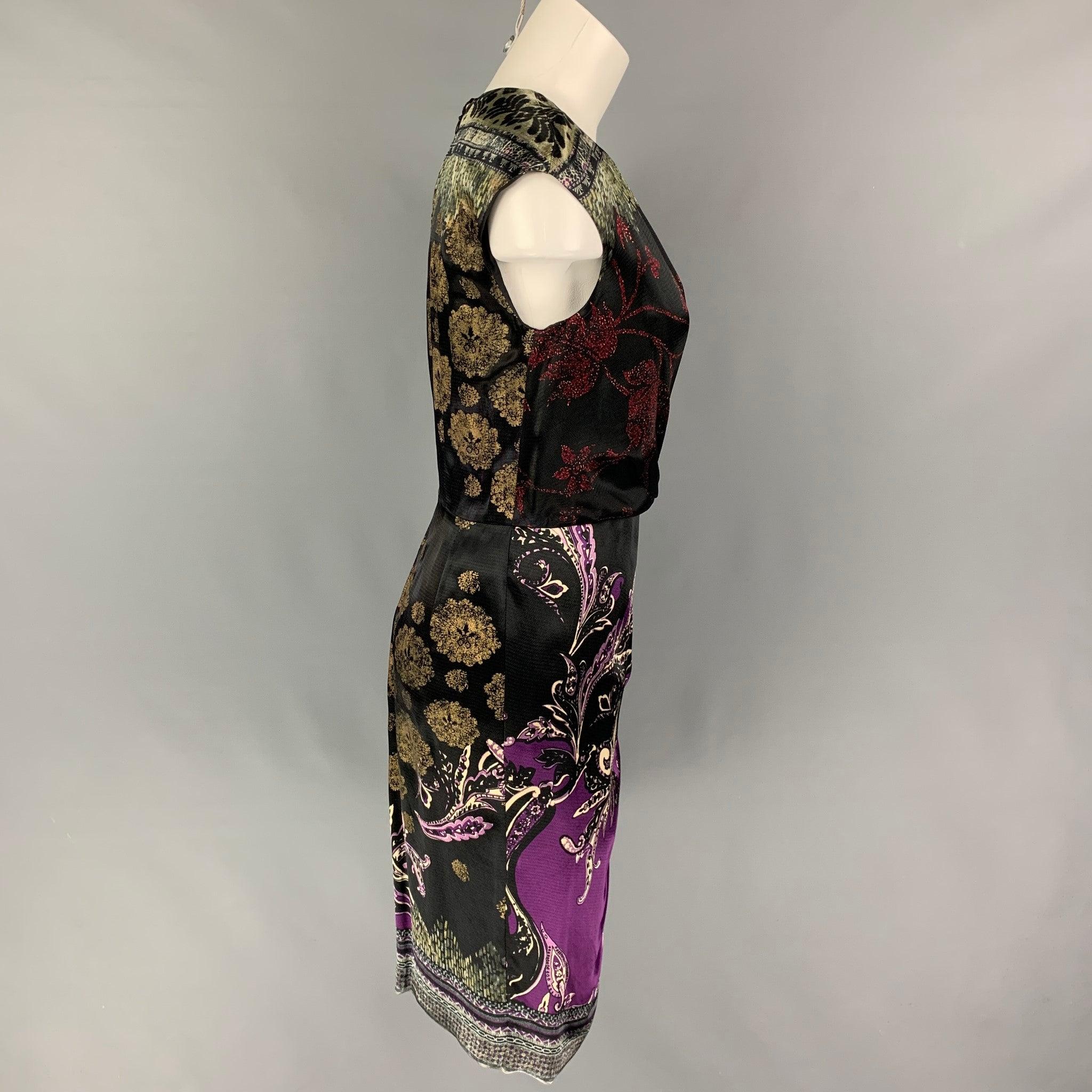 ETRO dress comes in a black multi-color abstract floral viscose featuring a ruched design, sleeveless, front slit, and a back zip up closure. Made in Italy. New With Tags. 

Marked:   42 

Measurements: 
 
Shoulder: 18 inches  Bust:
30 inches 