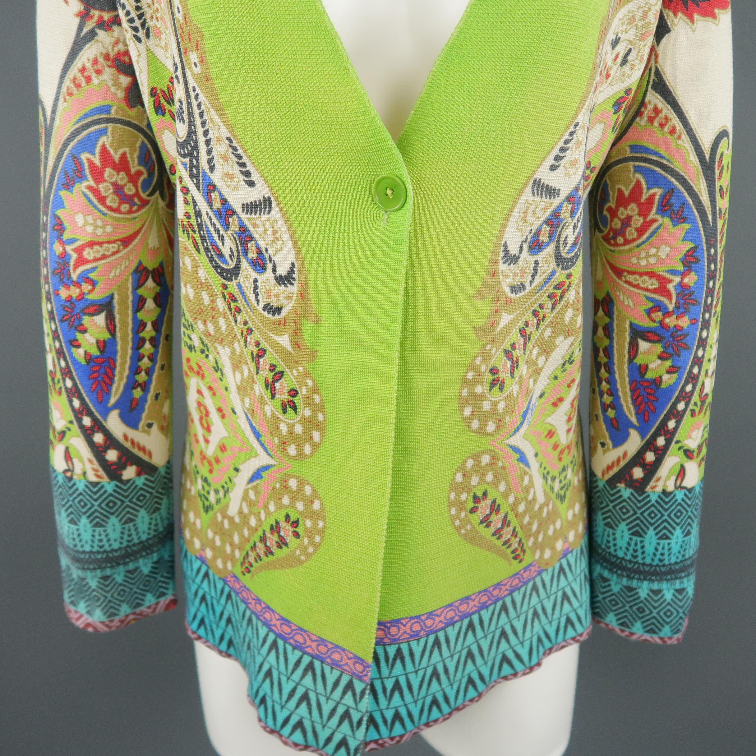 Brown ETRO Size 6 Green Paisley Silk Knit Single Button V Neck Cardigan