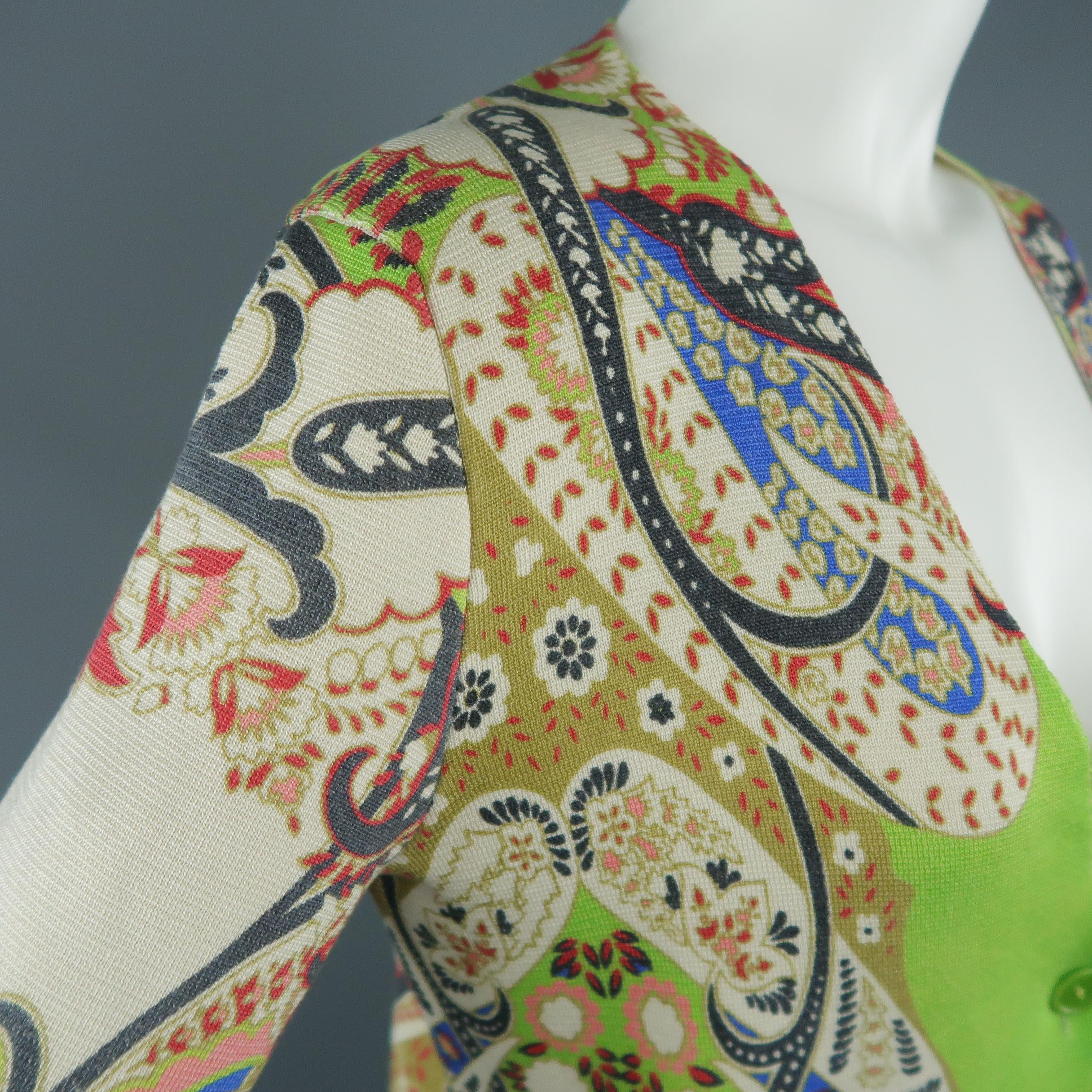 ETRO Size 6 Green Paisley Silk Knit Single Button V Neck Cardigan In Good Condition In San Francisco, CA