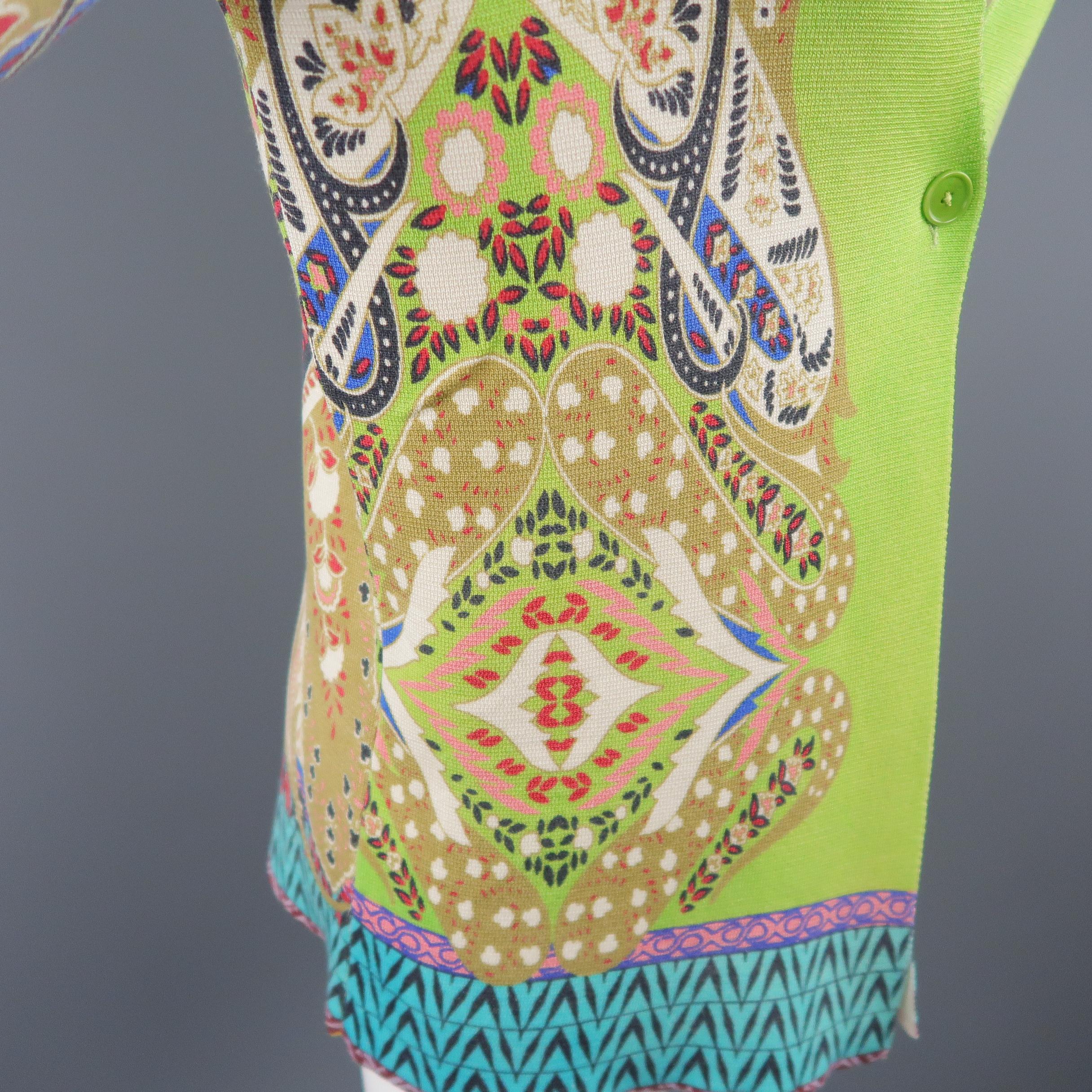 Women's ETRO Size 6 Green Paisley Silk Knit Single Button V Neck Cardigan