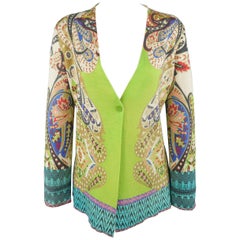 ETRO Size 6 Green Paisley Silk Knit Single Button V Neck Cardigan