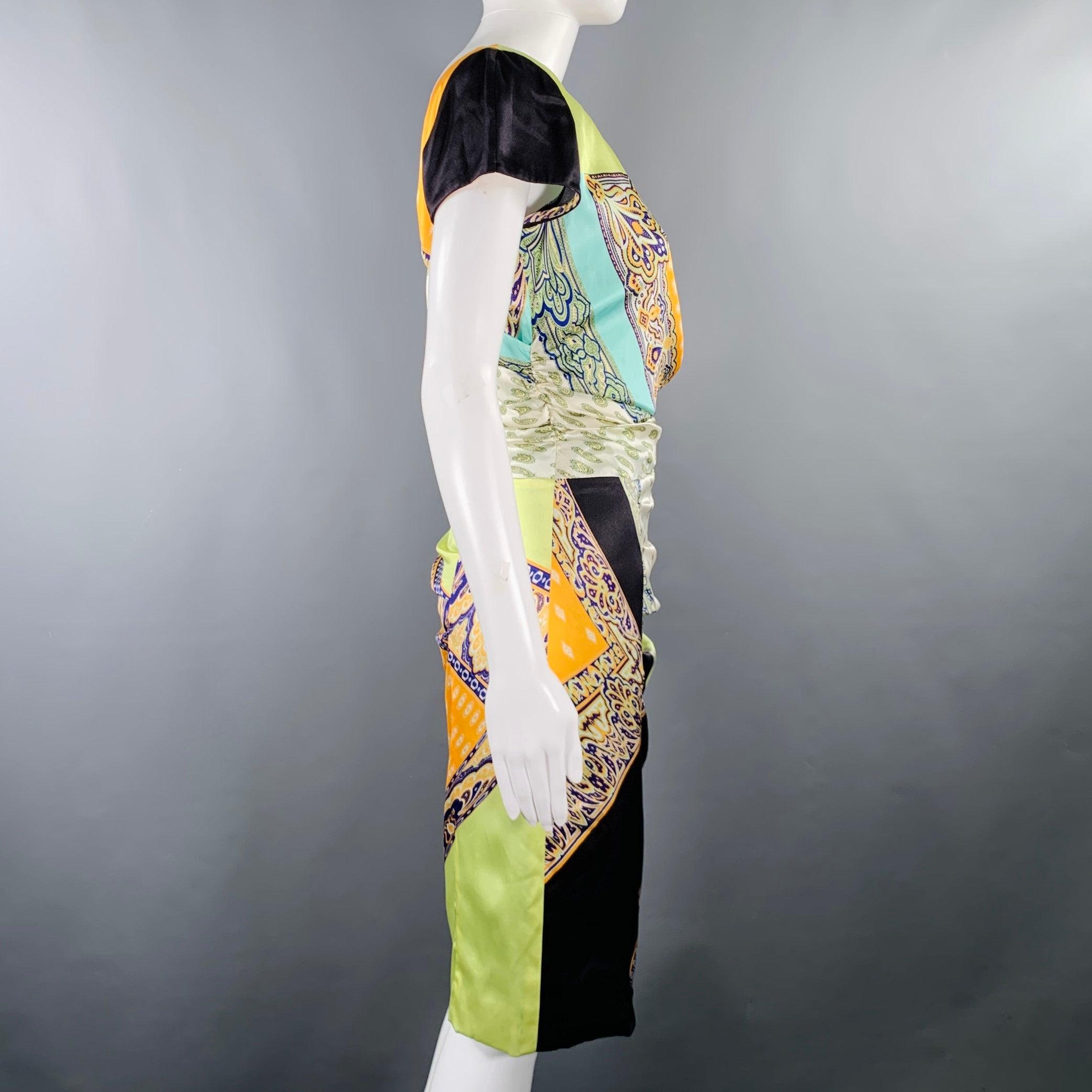 Beige ETRO Size 6 Multi Color Silk Blend Mixed Patterns Cap Sleeves Dress (Robe à manches longues) en vente