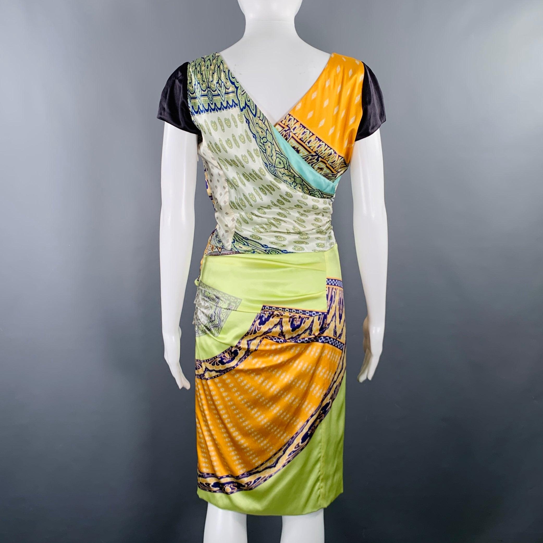 ETRO Größe 6 Mehrfarbige Seidenmischung mit gemischten Mustern Kleid mit Kappenärmeln im Zustand „Hervorragend“ im Angebot in San Francisco, CA