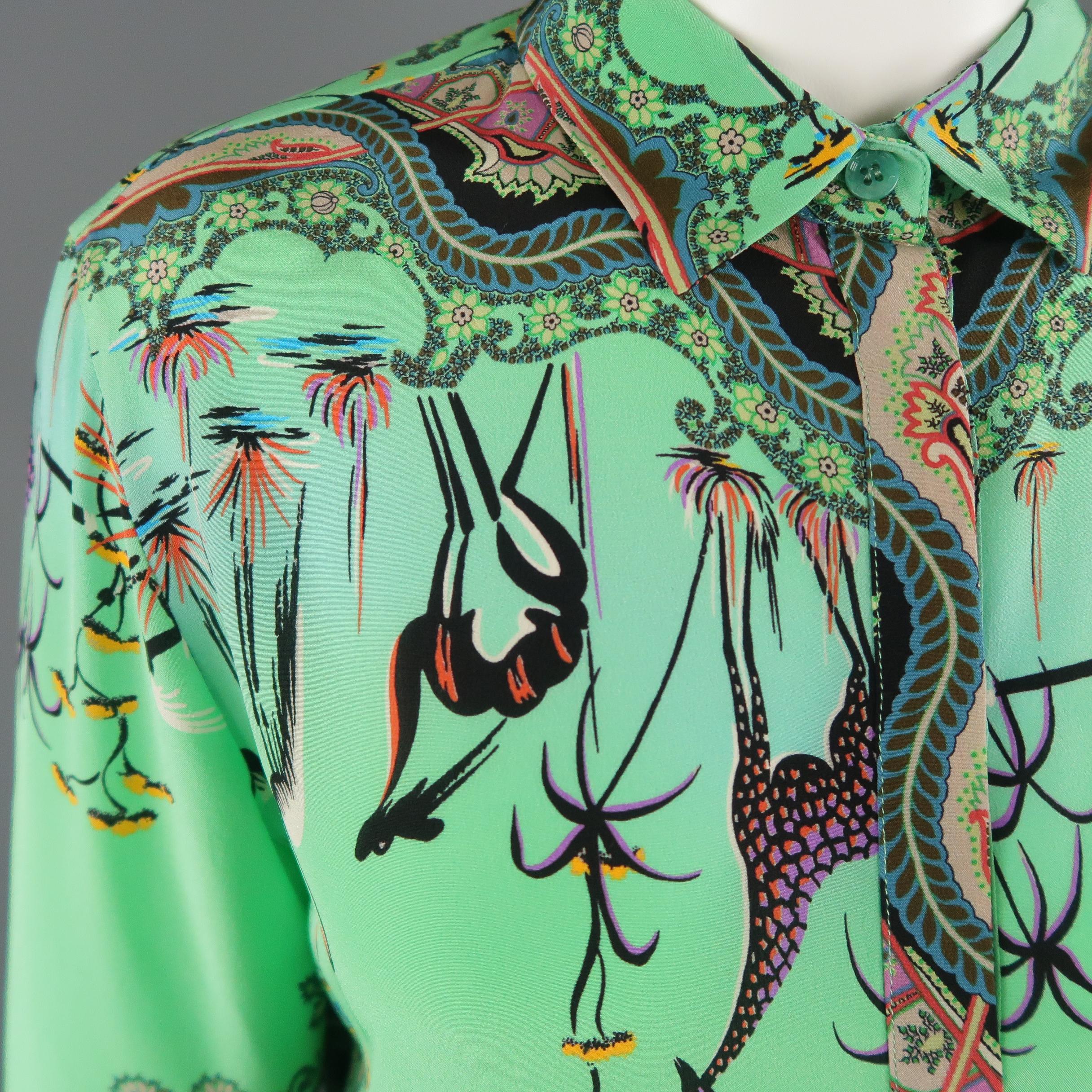 ETRO Size 6 Turqouise Green Paisy Bird Print Silk Blouse In Excellent Condition In San Francisco, CA