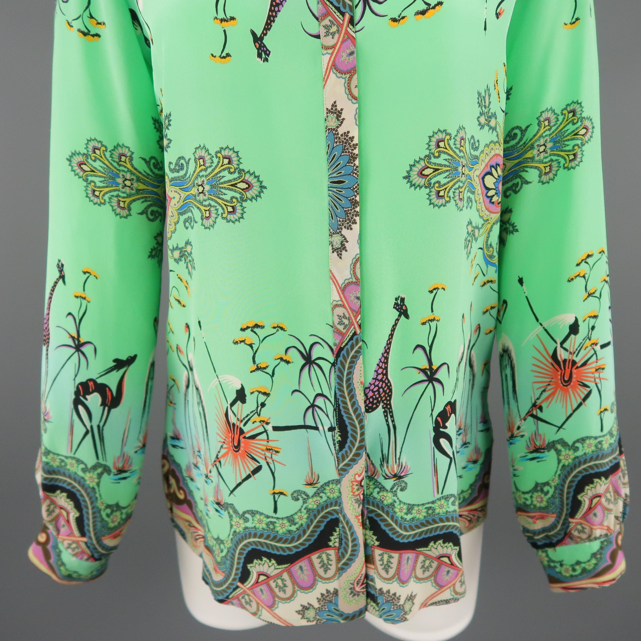 Women's ETRO Size 6 Turqouise Green Paisy Bird Print Silk Blouse